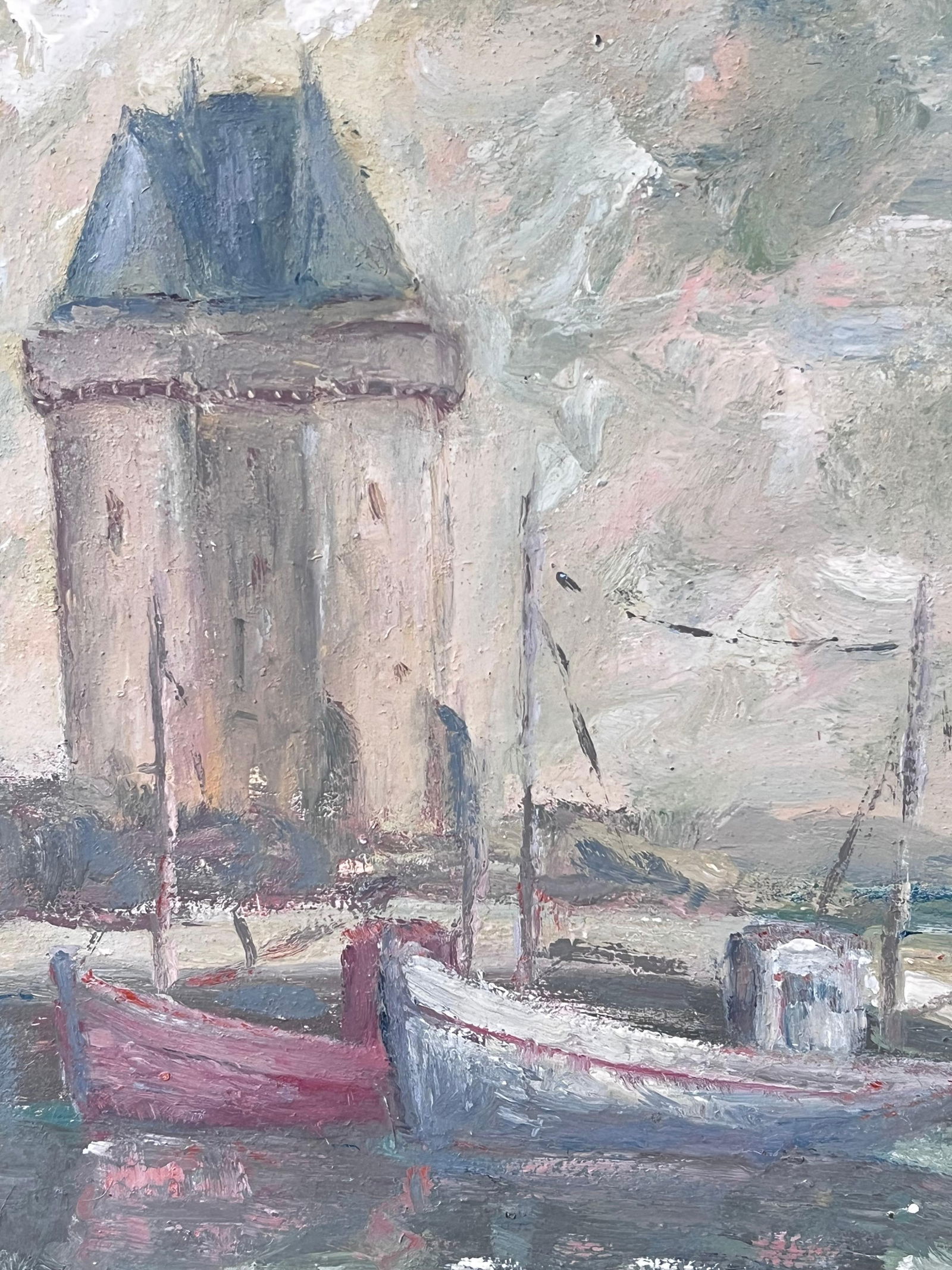 Fanch Lel; Boats Docked Under The Lighthouse Harbour French Landscape Oil Painting - 7