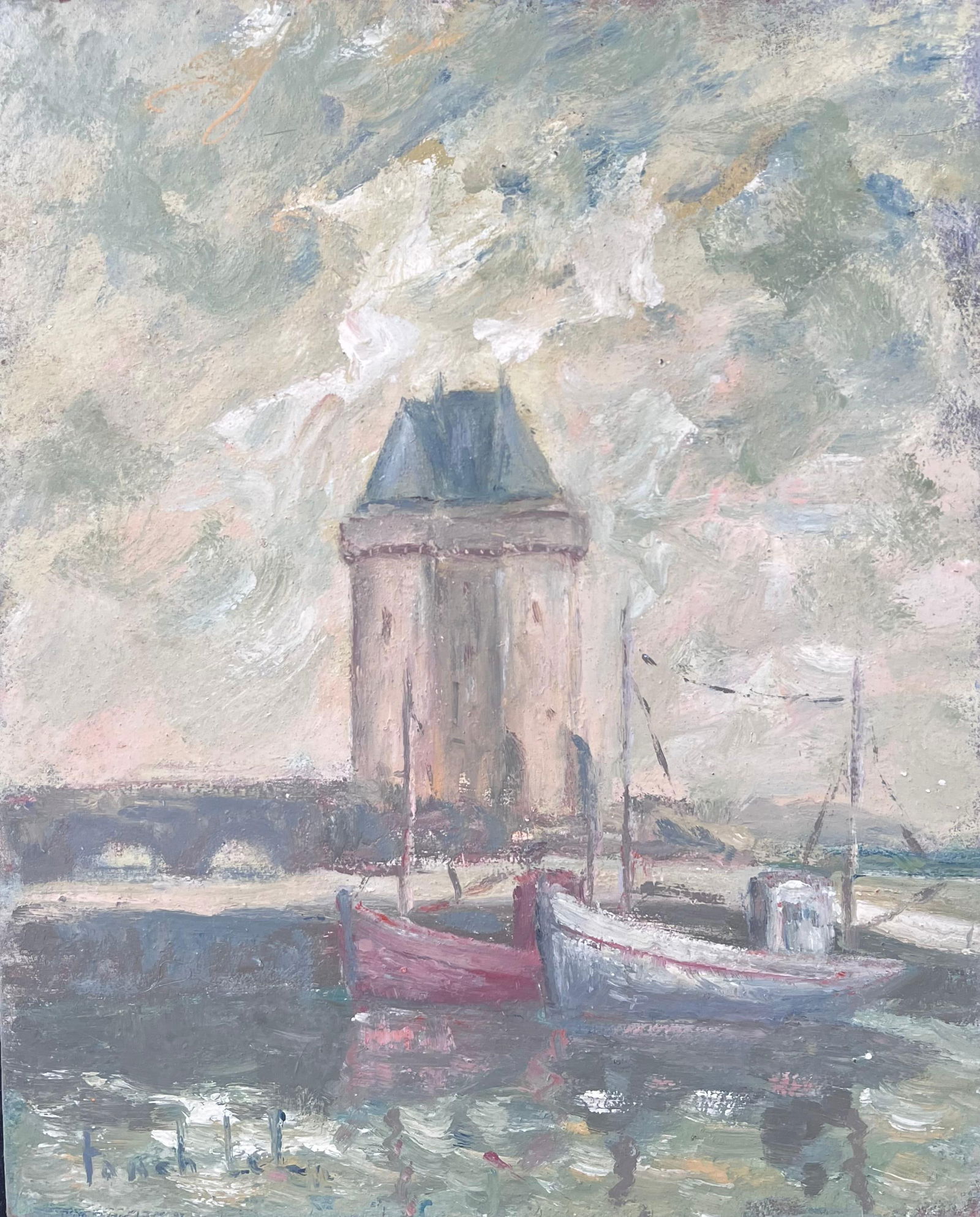 Fanch Lel; Boats Docked Under The Lighthouse Harbour French Landscape Oil Painting - 5