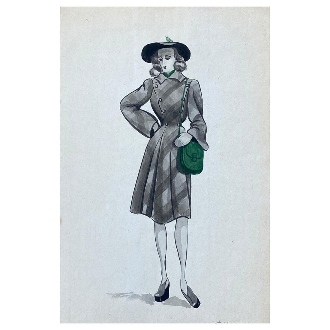 1940's French Fashion Illustration, The Stylish Lady With The Green Features, circa 1940s: Title: 1940's French Fashion Illustration, The Stylish Lady With The Green Features, circa 1940s Description: Classical Bird print, after John James Audubon, printed by Harry N. Abrams, Publishers, Ne