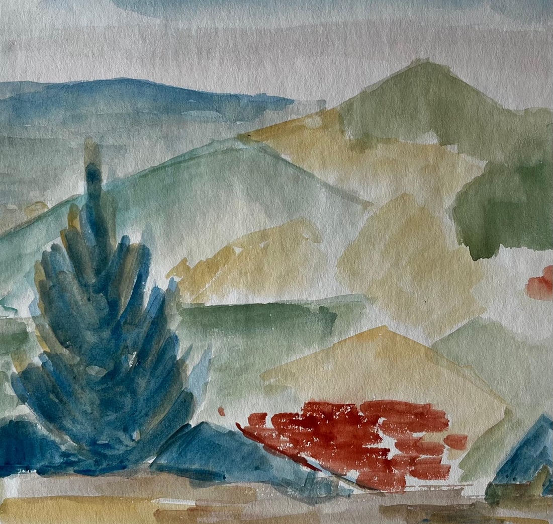 Guy Nicod; Mountain Landscape with Cypress French Modernist Gouache by Guy Nicod - 2