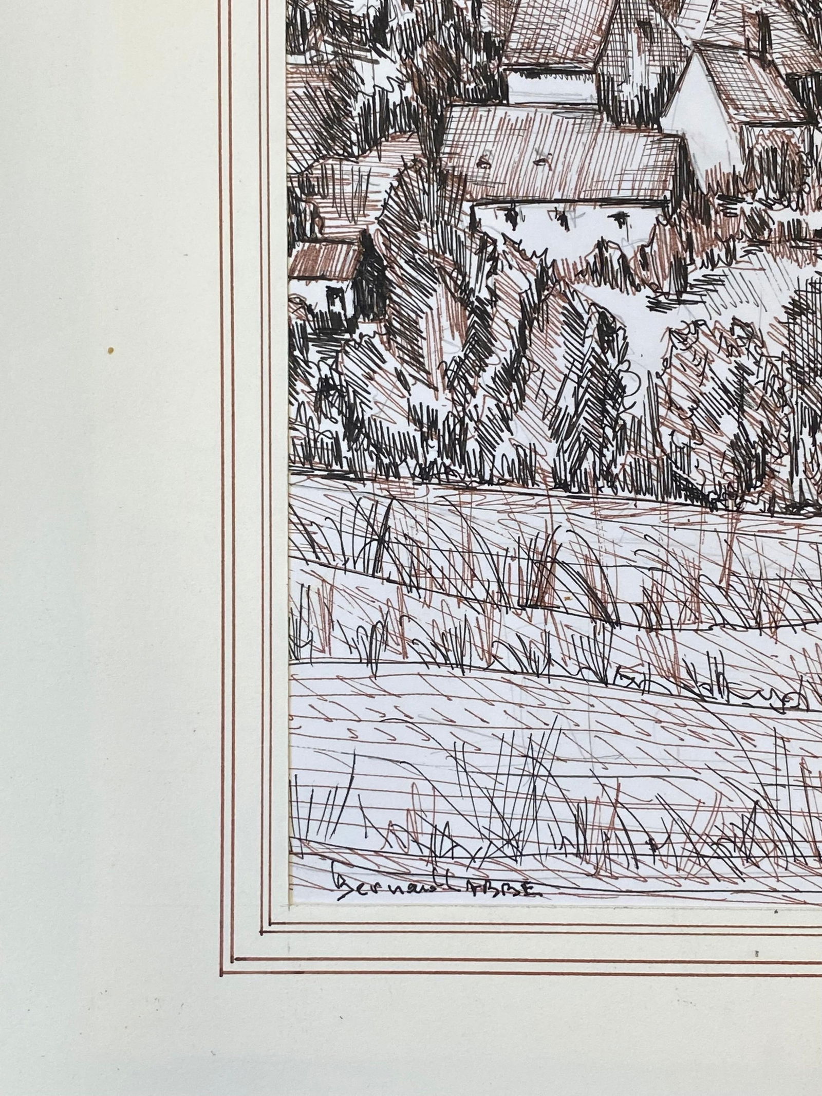 1950's French Modernist/ Cubist Painting Signed, Biro Drawing of French Town, 1950 - 8