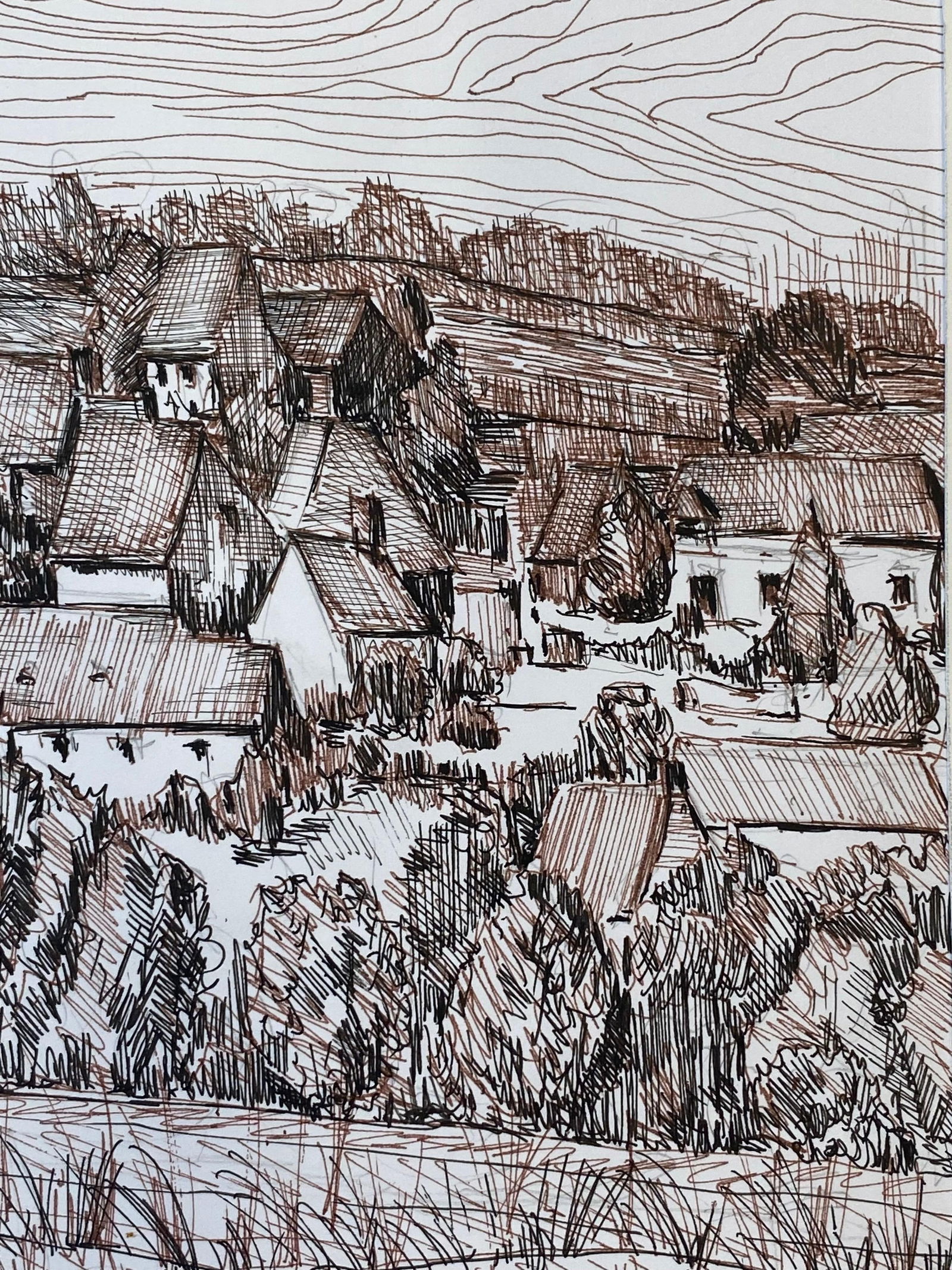 1950's French Modernist/ Cubist Painting Signed, Biro Drawing of French Town, 1950 - 9