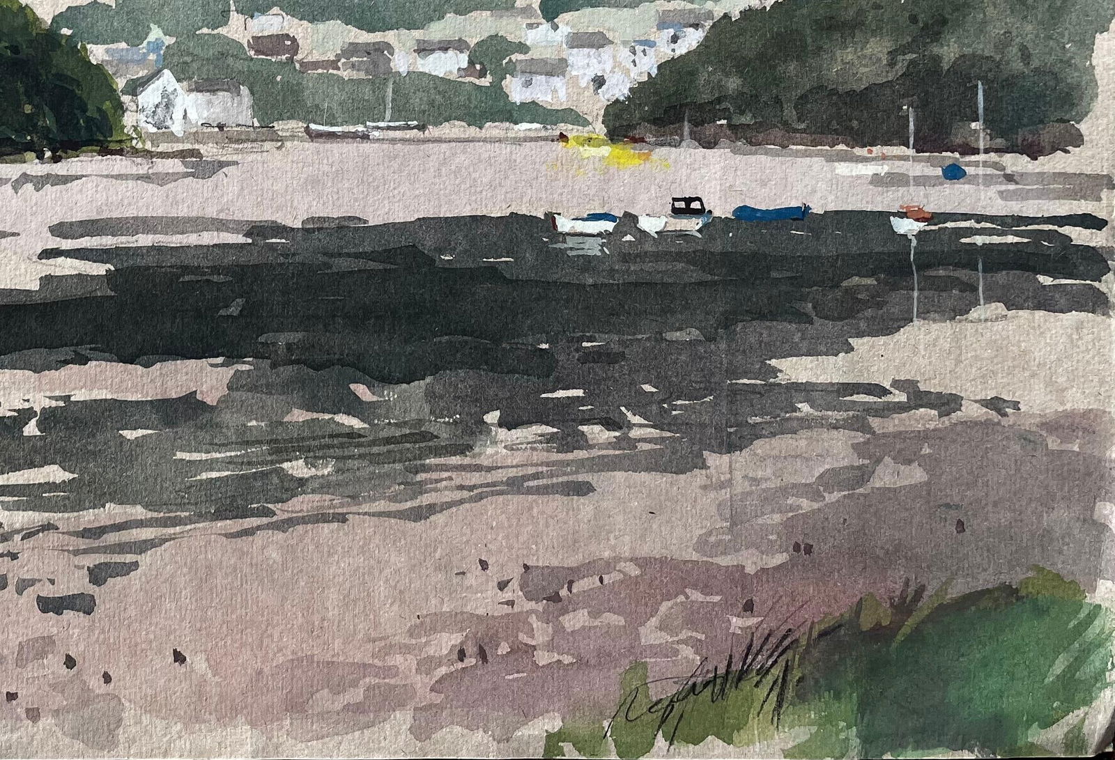 Anthony Herbert; Estuary View with Boats and Hills Distant View of Cardigan from St Dogmaels, 1980 - 7