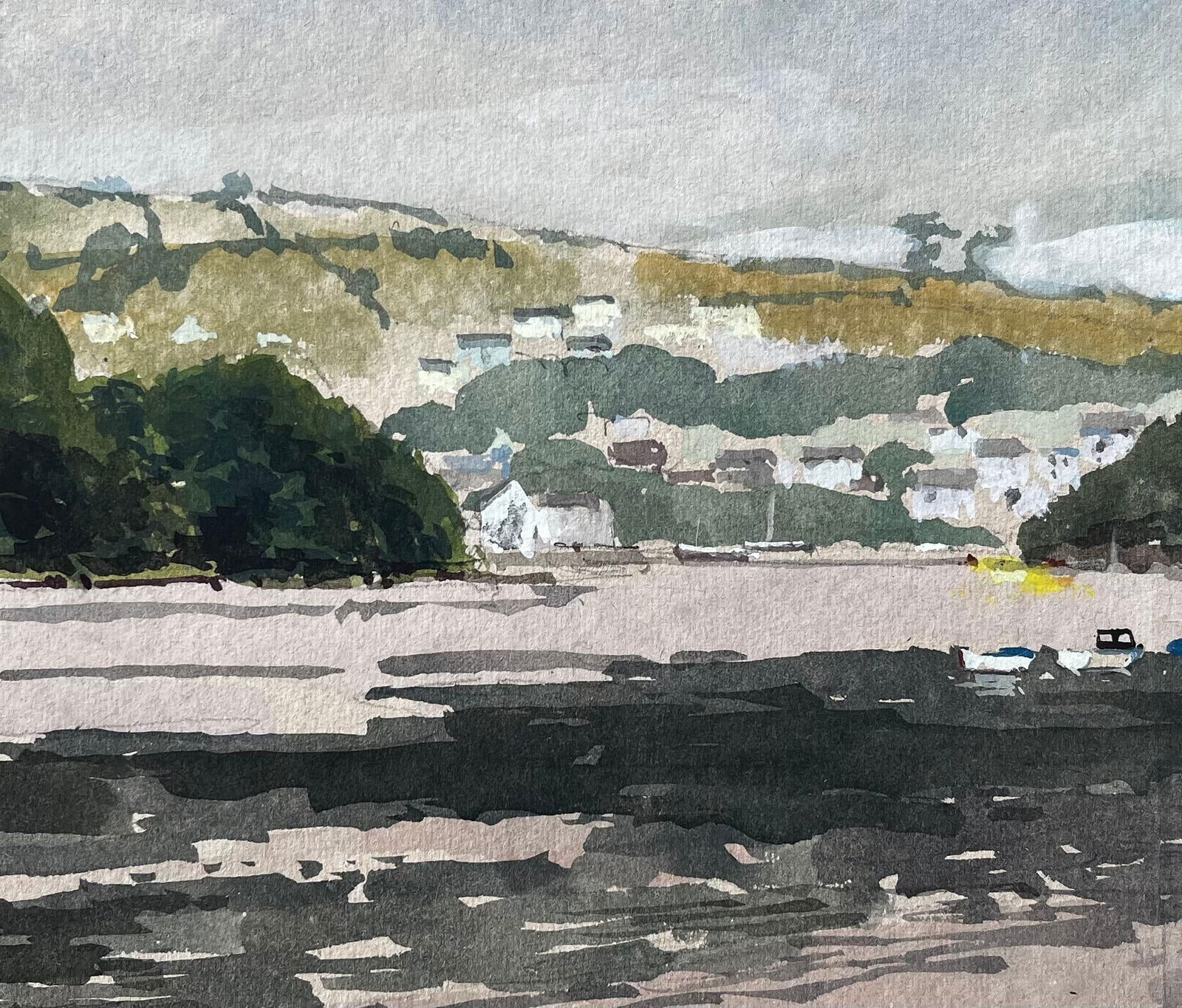Anthony Herbert; Estuary View with Boats and Hills Distant View of Cardigan from St Dogmaels, 1980 - 9