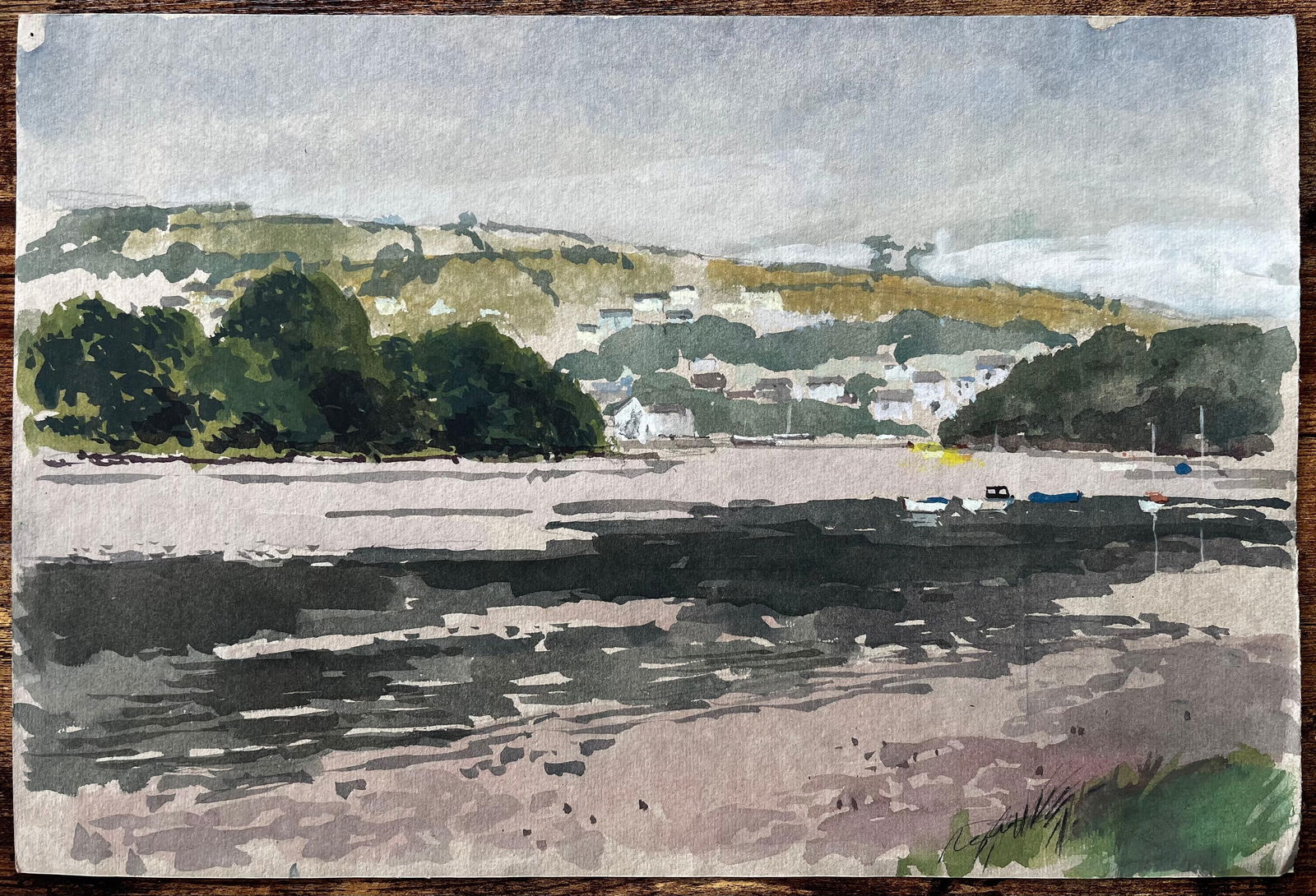 Anthony Herbert; Estuary View with Boats and Hills Distant View of Cardigan from St Dogmaels, 1980 - 10