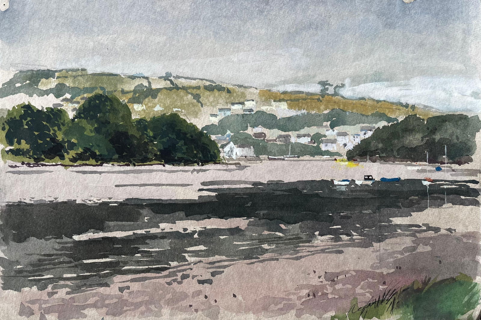 Anthony Herbert; Estuary View with Boats and Hills Distant View of Cardigan from St Dogmaels, 1980: Title: Anthony Herbert; Estuary View with Boats and Hills Distant View of Cardigan from St Dogmaels, 1980 Description: Title: Venice Street Scene With Figures Market Stalls Tower Original Watercolour