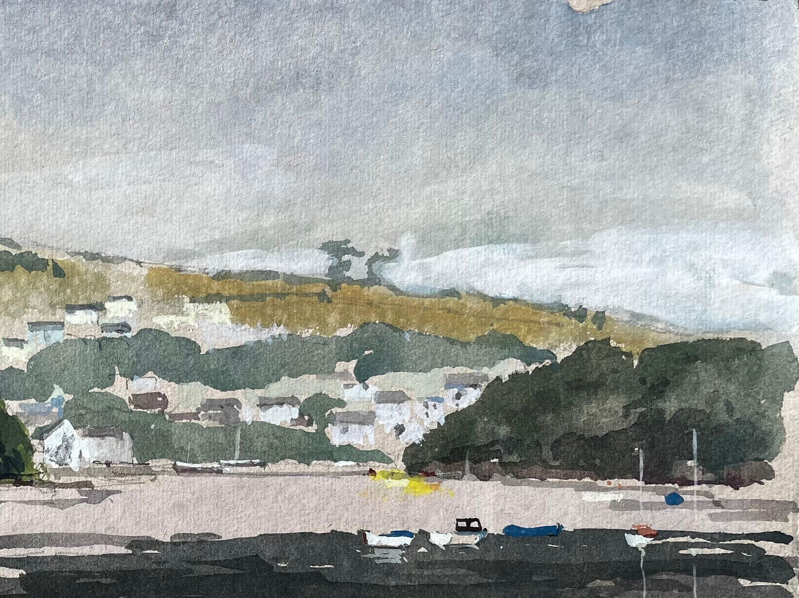 Anthony Herbert; Estuary View with Boats and Hills Distant View of Cardigan from St Dogmaels, 1980 - 5