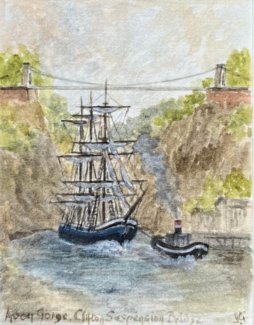 Jack Grunwell; Miniature Watercolor of Avon Gorge with Clifton Suspension Bridge and Ship - 2