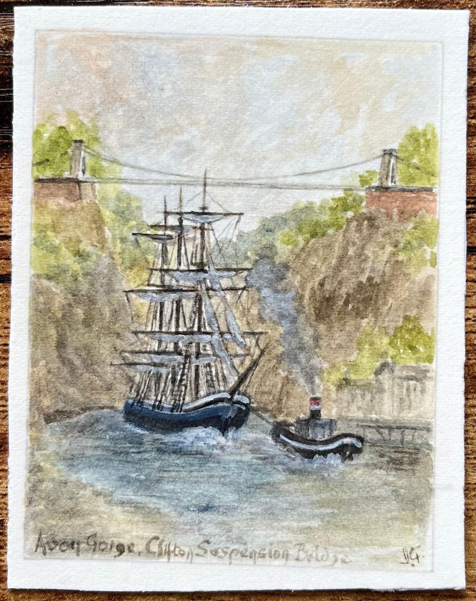 Jack Grunwell; Miniature Watercolor of Avon Gorge with Clifton Suspension Bridge and Ship - 3