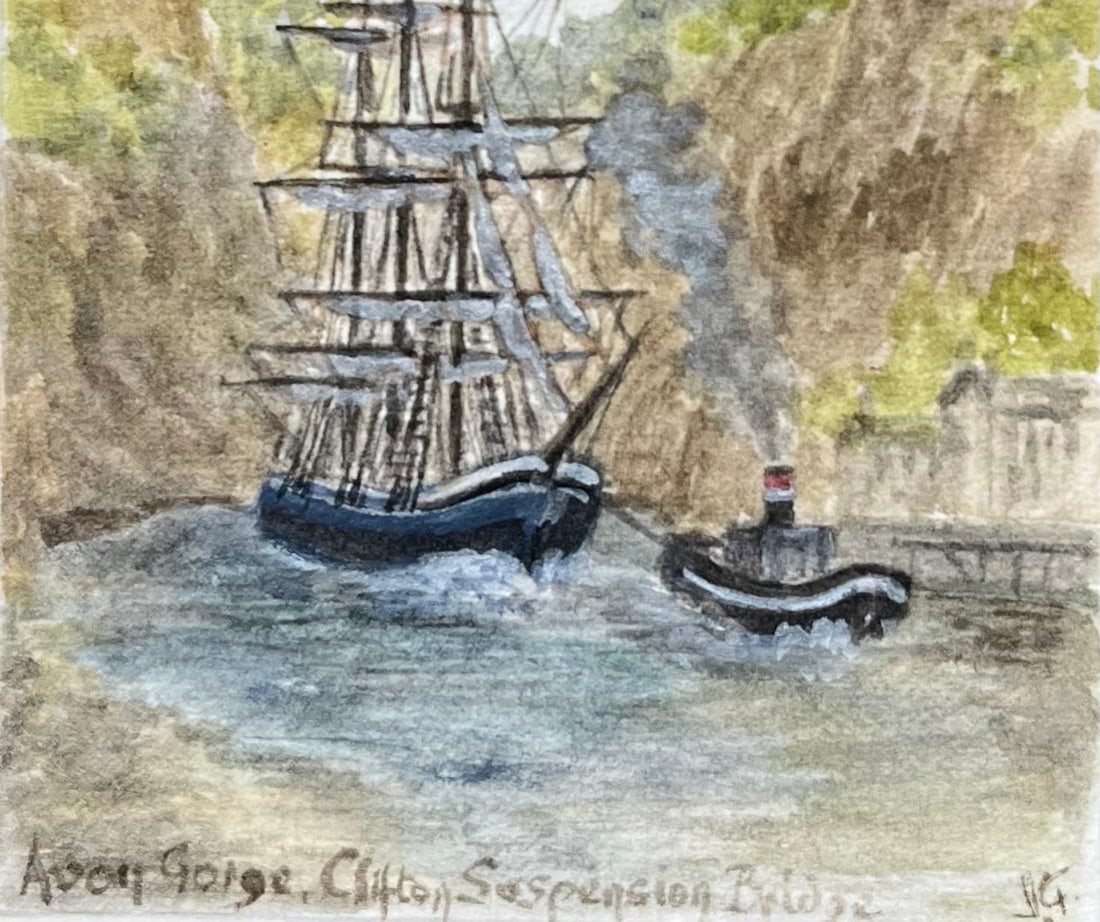 Jack Grunwell; Miniature Watercolor of Avon Gorge with Clifton Suspension Bridge and Ship - 4