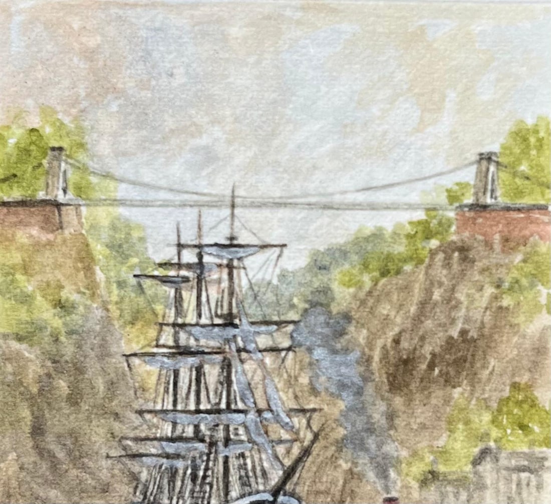 Jack Grunwell; Miniature Watercolor of Avon Gorge with Clifton Suspension Bridge and Ship - 5