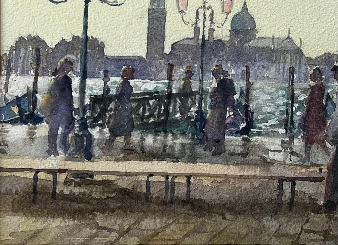 Anthony Herbert; Venice Waterfront Painting With Gondolas And Lampposts Original Watercolour - 7