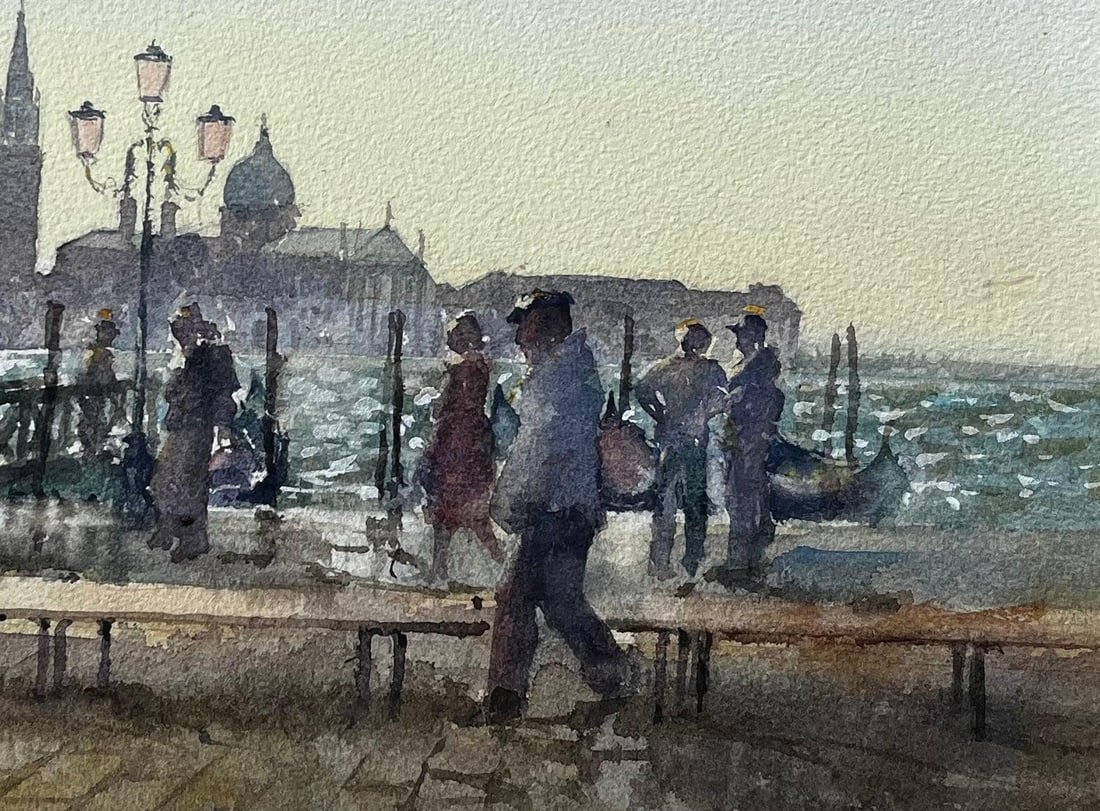 Anthony Herbert; Venice Waterfront Painting With Gondolas And Lampposts Original Watercolour - 8