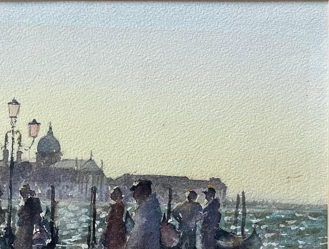 Anthony Herbert; Venice Waterfront Painting With Gondolas And Lampposts Original Watercolour - 9