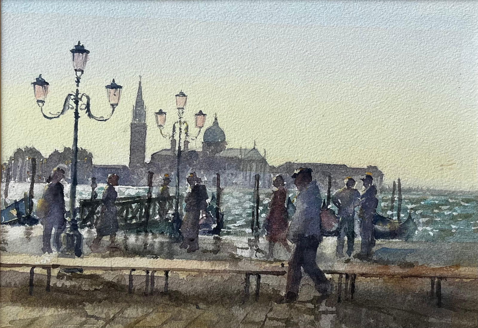 Anthony Herbert; Venice Waterfront Painting With Gondolas And Lampposts Original Watercolour: Title: Anthony Herbert; Venice Waterfront Painting With Gondolas And Lampposts Original Watercolour Description: Title: Visitors At A Grand Gallery Archway With Framed Paintings And Ornate Interiors