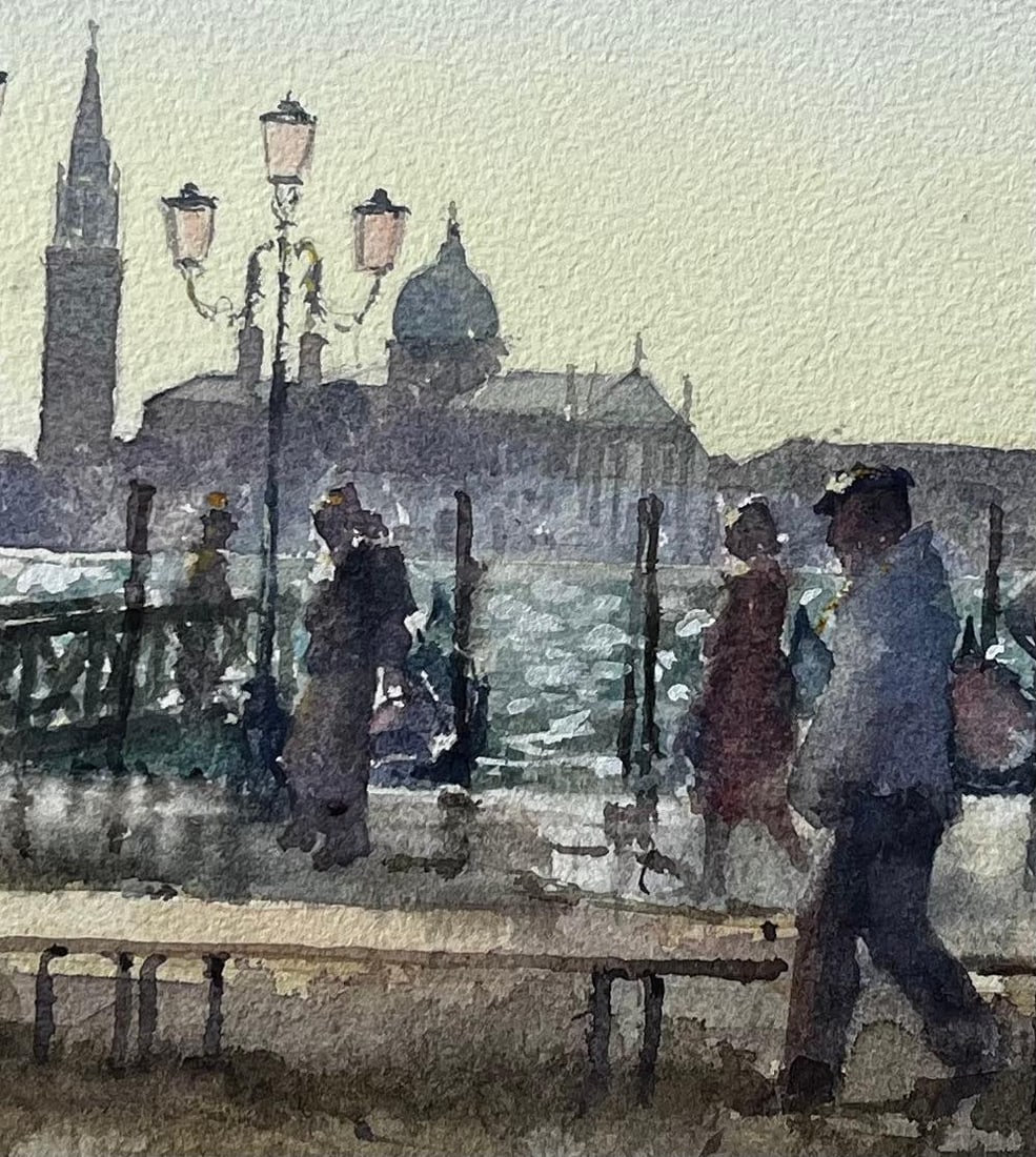 Anthony Herbert; Venice Waterfront Painting With Gondolas And Lampposts Original Watercolour - 2