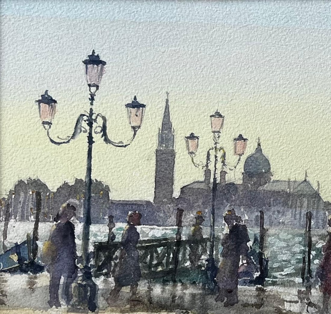 Anthony Herbert; Venice Waterfront Painting With Gondolas And Lampposts Original Watercolour - 5