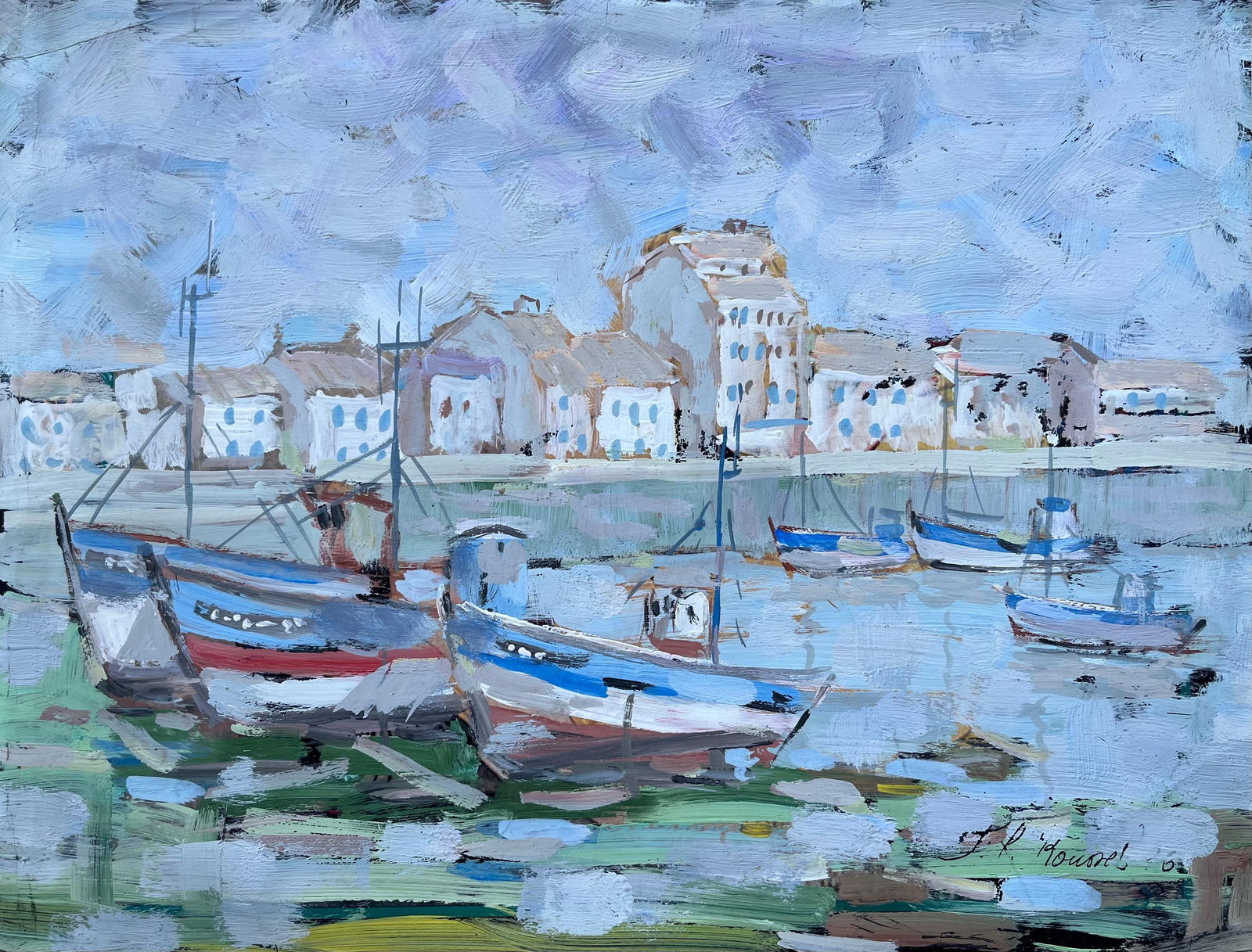 F.T Roussel; Port de Honfleur Harbour Scene with Fishing Boats and Reflections, 1996: Title: F.T Roussel; Port de Honfleur Harbour Scene with Fishing Boats and Reflections, 1996 Description: Title: French Riverside Village with Trees and Church Spire Watercolour by Fanch Lel (French b.