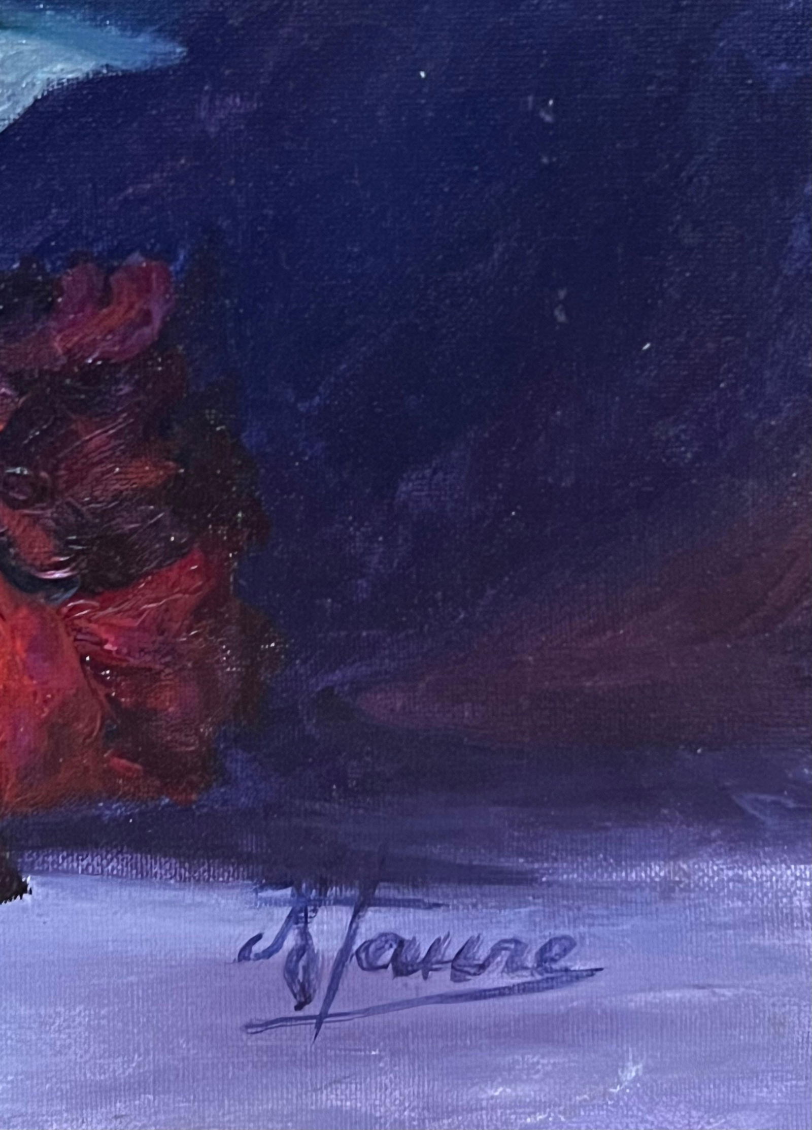 Annie Faure; Bouquet of Red Roses in Blue Vase 20th Century French Oil Painting - 7