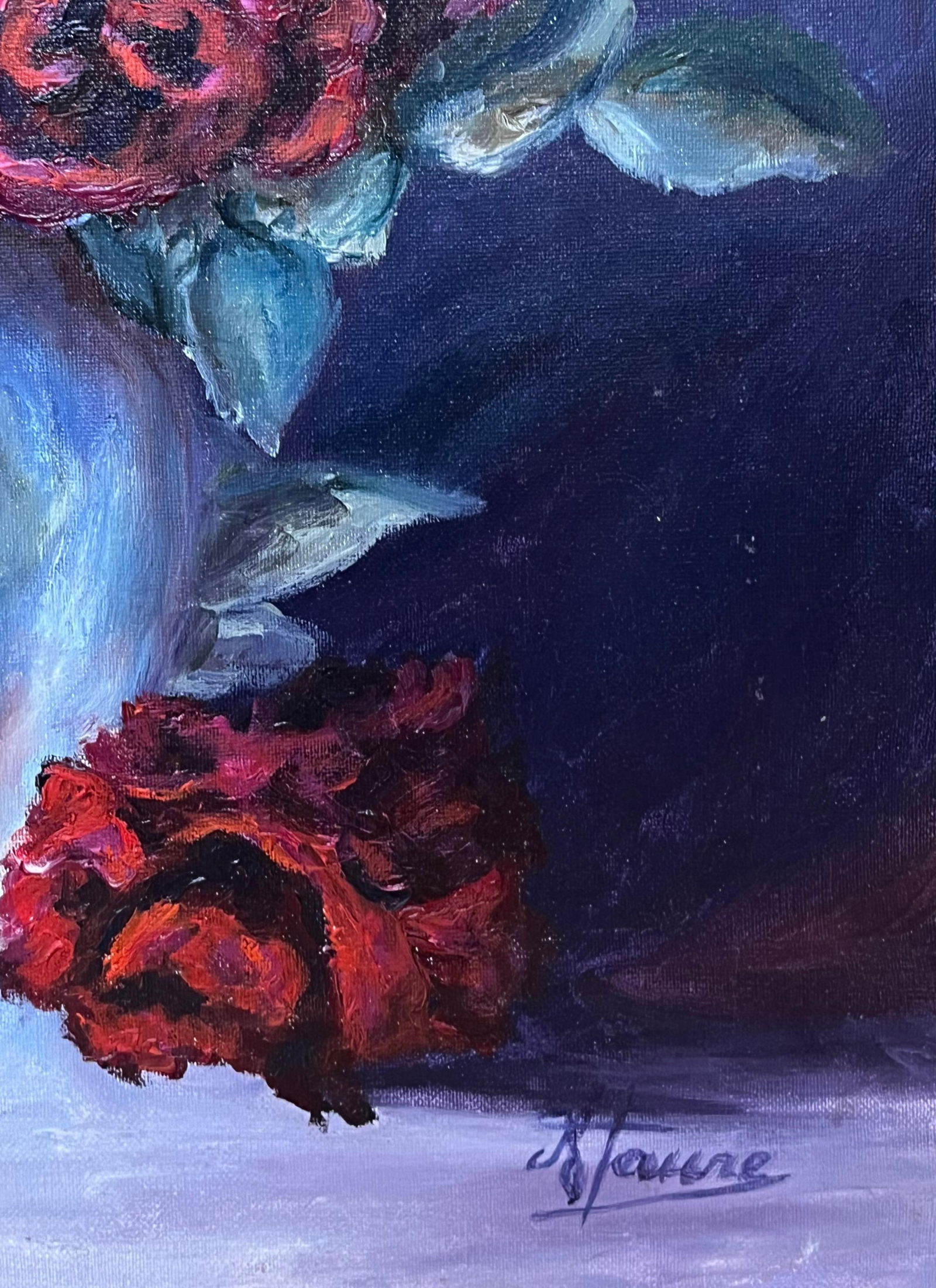 Annie Faure; Bouquet of Red Roses in Blue Vase 20th Century French Oil Painting - 8