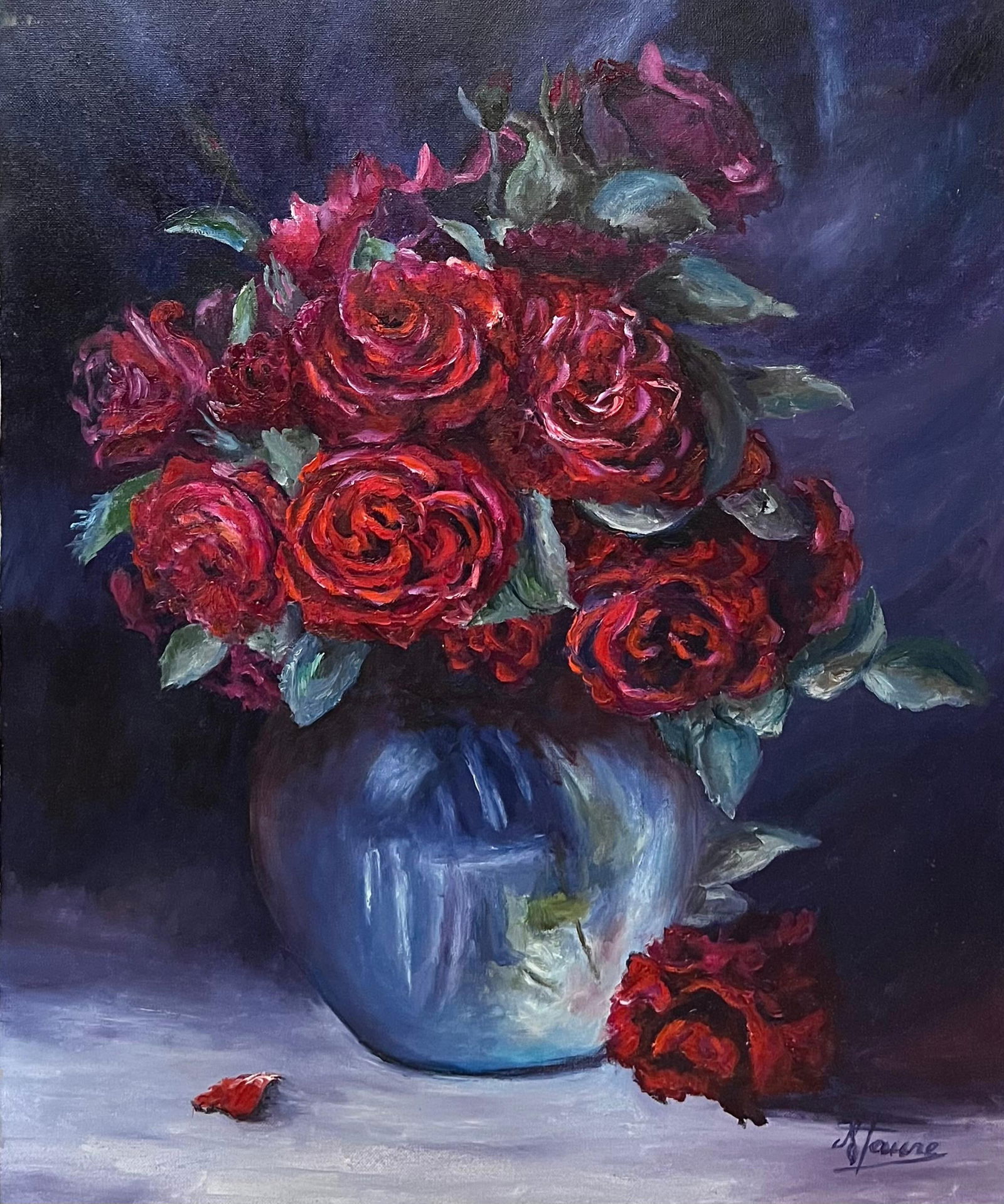 Annie Faure; Bouquet of Red Roses in Blue Vase 20th Century French Oil Painting - 4