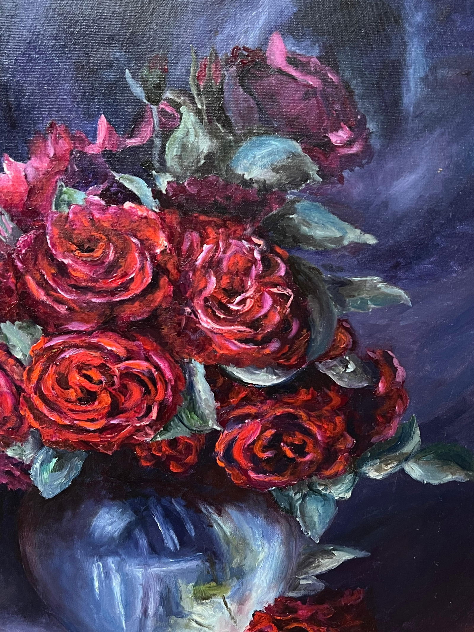 Annie Faure; Bouquet of Red Roses in Blue Vase 20th Century French Oil Painting - 6
