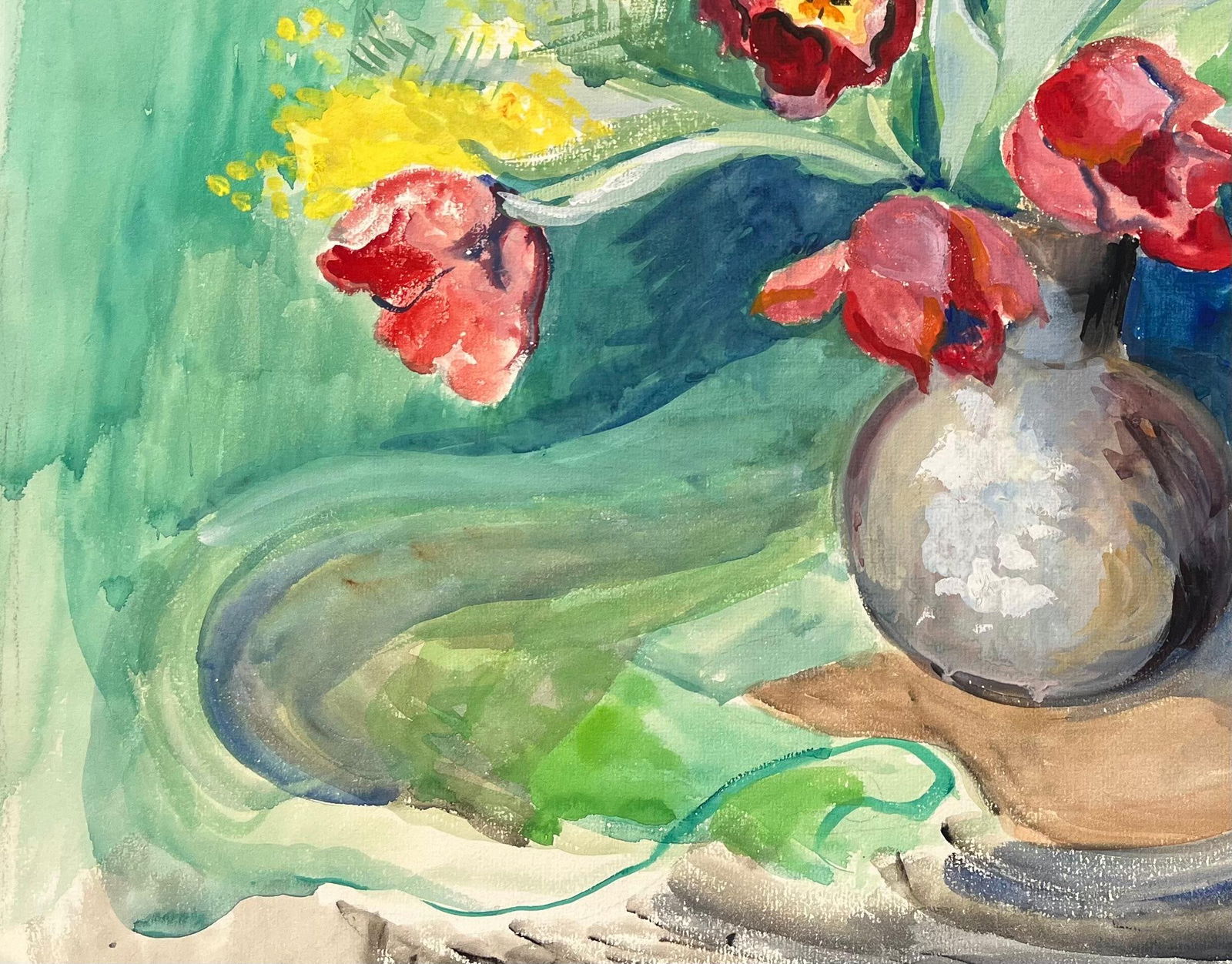 Anne Marie Migette Perard; Mid-20th Century Post-Impressionist Watercolour of Red Tulips and Mimosa - 7