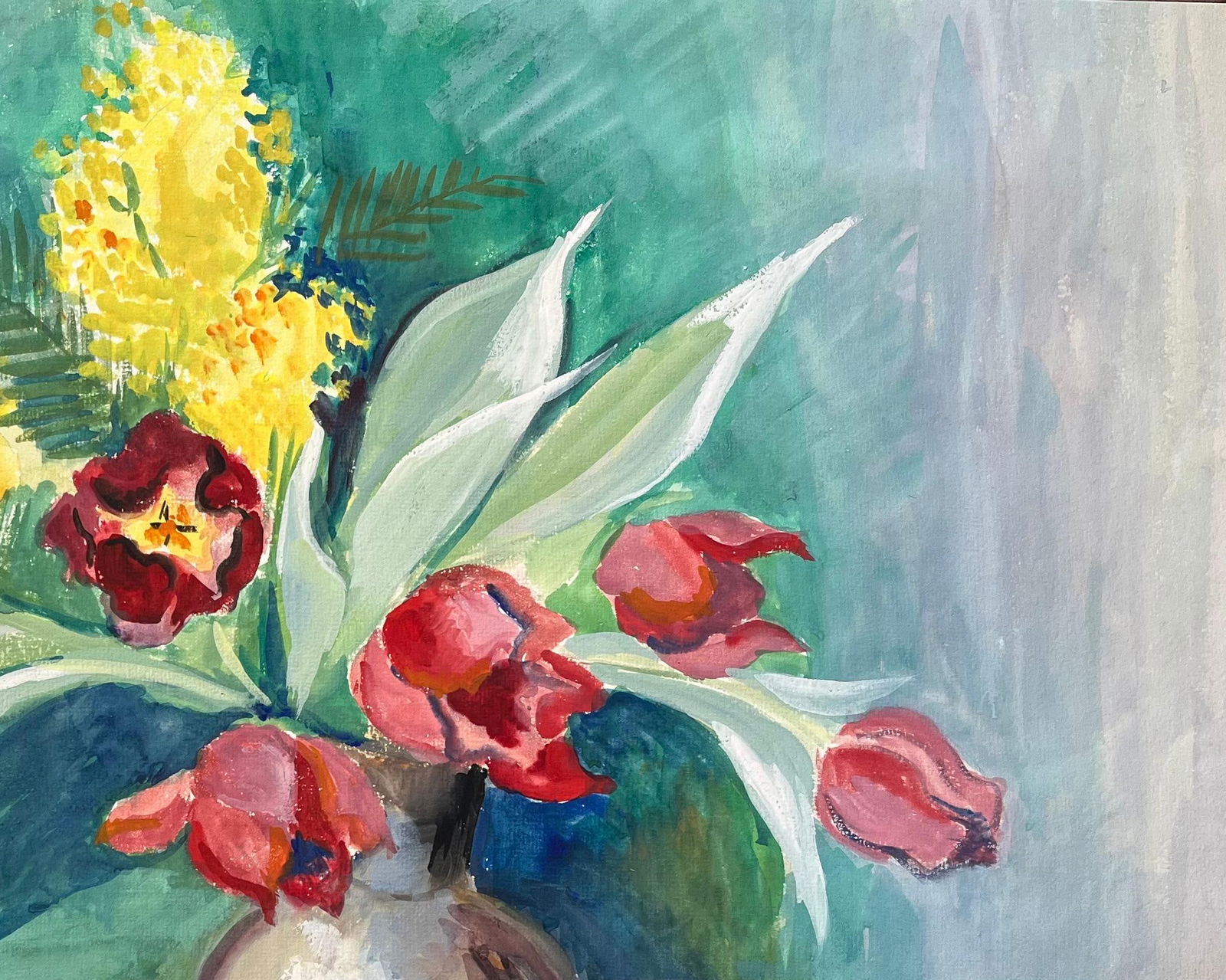 Anne Marie Migette Perard; Mid-20th Century Post-Impressionist Watercolour of Red Tulips and Mimosa - 8