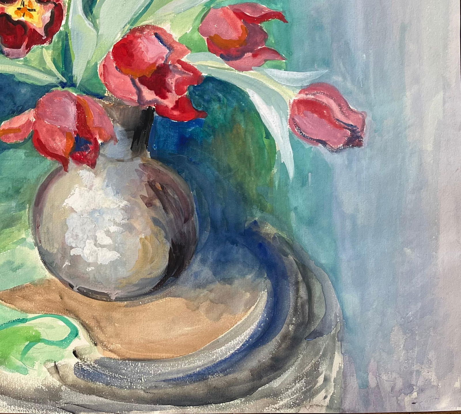 Anne Marie Migette Perard; Mid-20th Century Post-Impressionist Watercolour of Red Tulips and Mimosa - 9