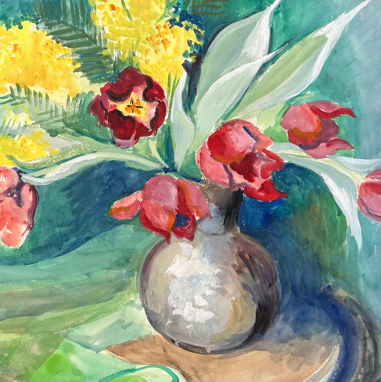 Anne Marie Migette Perard; Mid-20th Century Post-Impressionist Watercolour of Red Tulips and Mimosa - 10