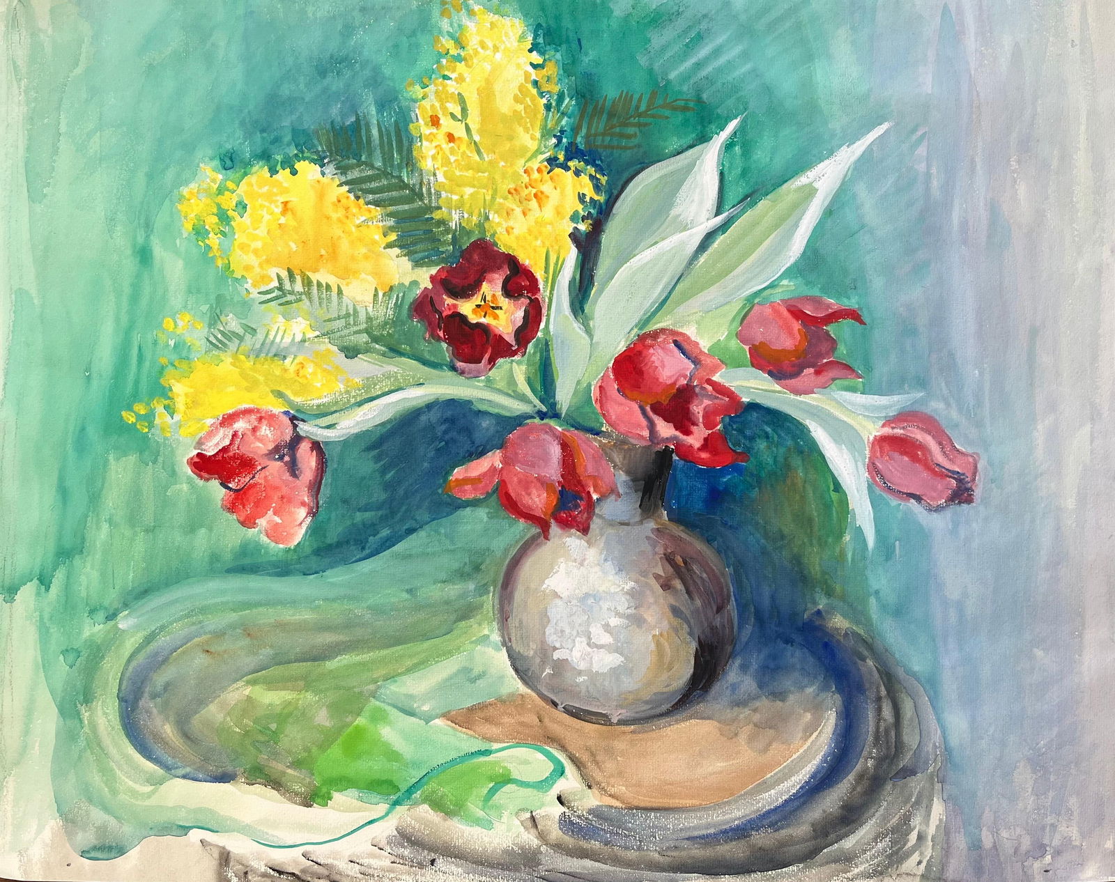 Anne Marie Migette Perard; Mid-20th Century Post-Impressionist Watercolour of Red Tulips and Mimosa: Title: Anne Marie Migette Perard; Mid-20th Century Post-Impressionist Watercolour of Red Tulips and Mimosa in Vase Description: Title: French Mid 20th Century Gouache Painting of Roosters and Rural Ch