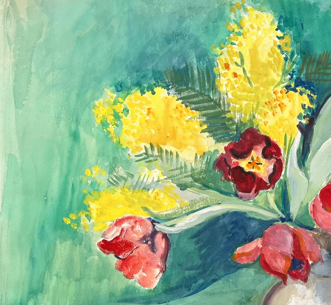 Anne Marie Migette Perard; Mid-20th Century Post-Impressionist Watercolour of Red Tulips and Mimosa - 6
