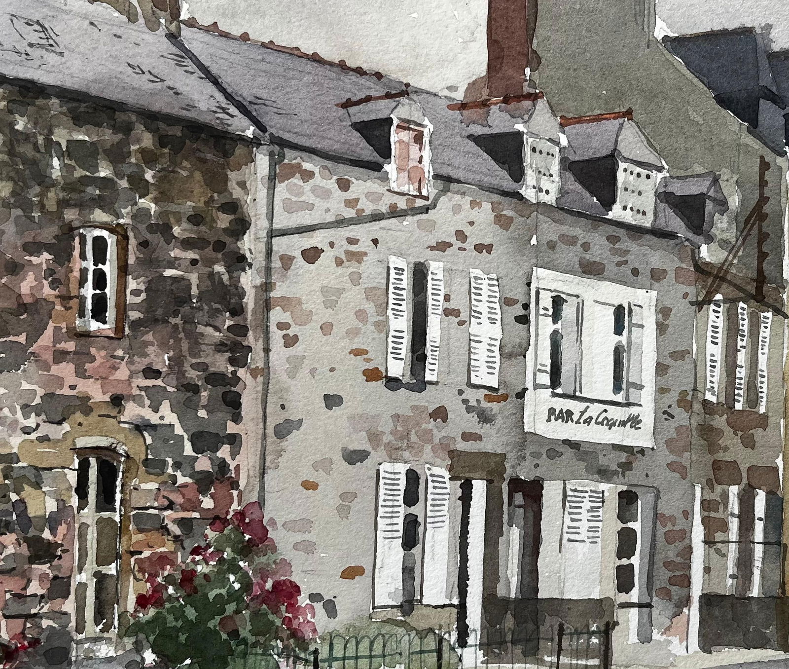 Anthony Herbert; French Street Scene with Bar La Coquille Normandy Style Townhouse Watercolour, 1985 - 9