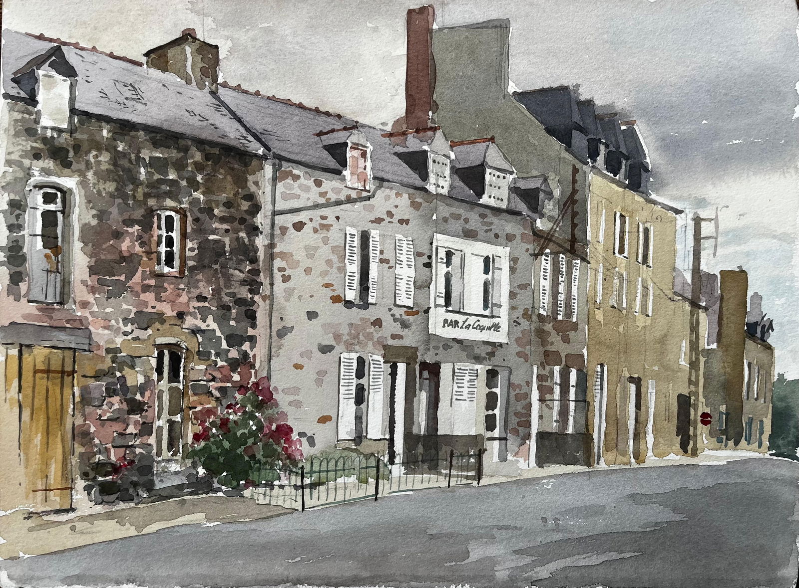 Anthony Herbert; French Street Scene with Bar La Coquille Normandy Style Townhouse Watercolour, 1985: Title: Anthony Herbert; French Street Scene with Bar La Coquille Normandy Style Townhouse Watercolour, 1985 Description: Title: Canal Boats by Boveney Lock Windsor in Summer Light Watercolour 1995 By