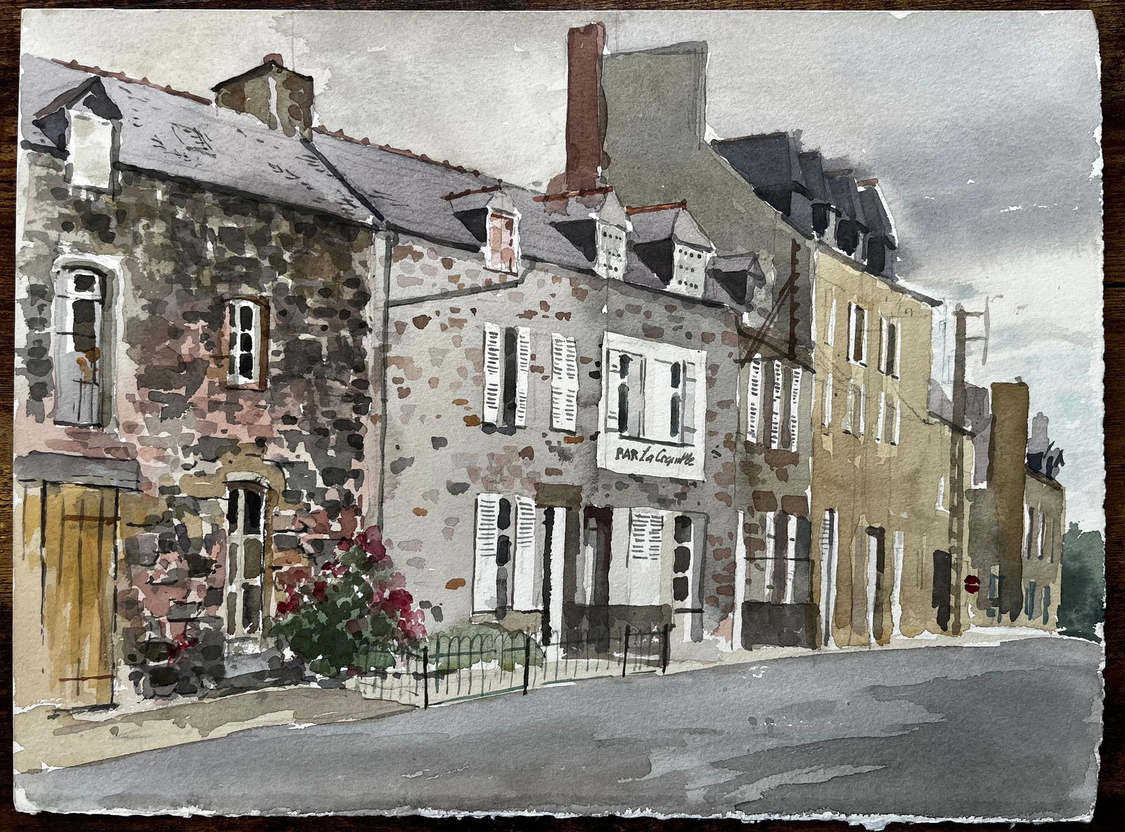Anthony Herbert; French Street Scene with Bar La Coquille Normandy Style Townhouse Watercolour, 1985 - 5