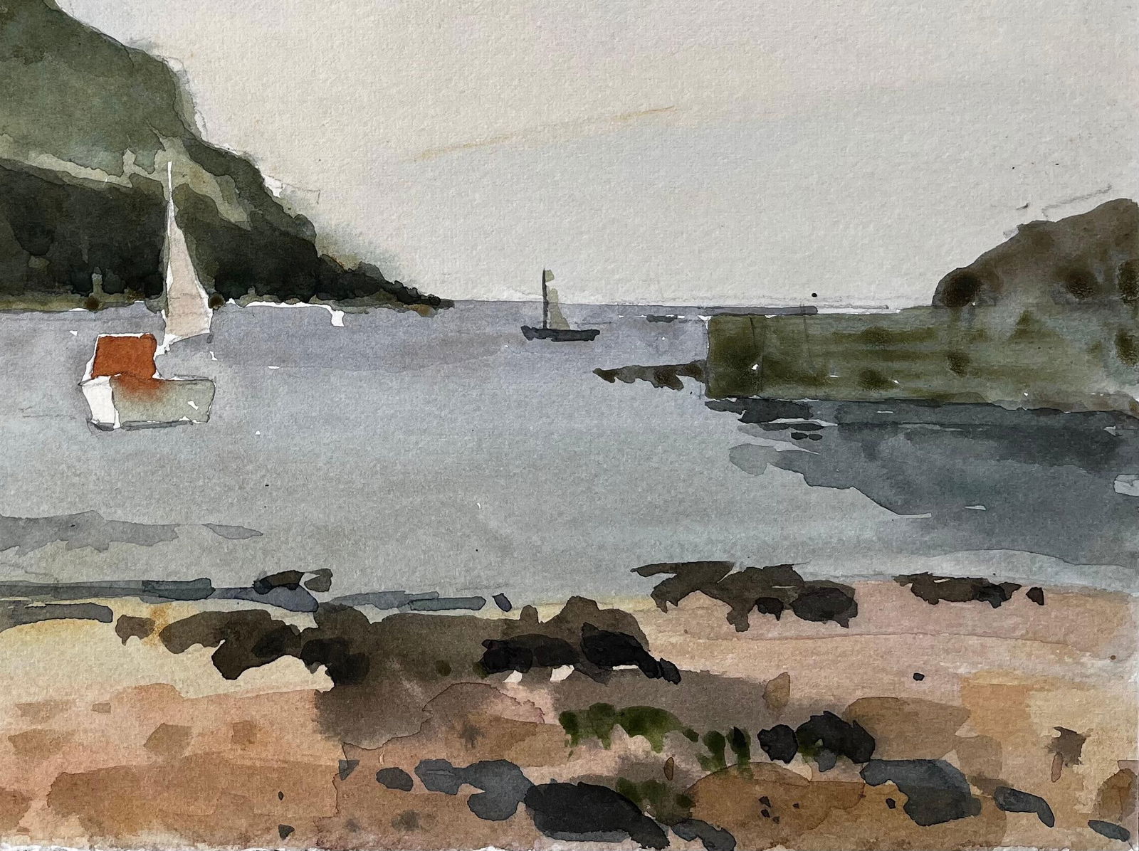 Anthony Herbert; Hope Cove Devon Harbour View with Sailboats and Beach Watercolour Painting 1984, - 7