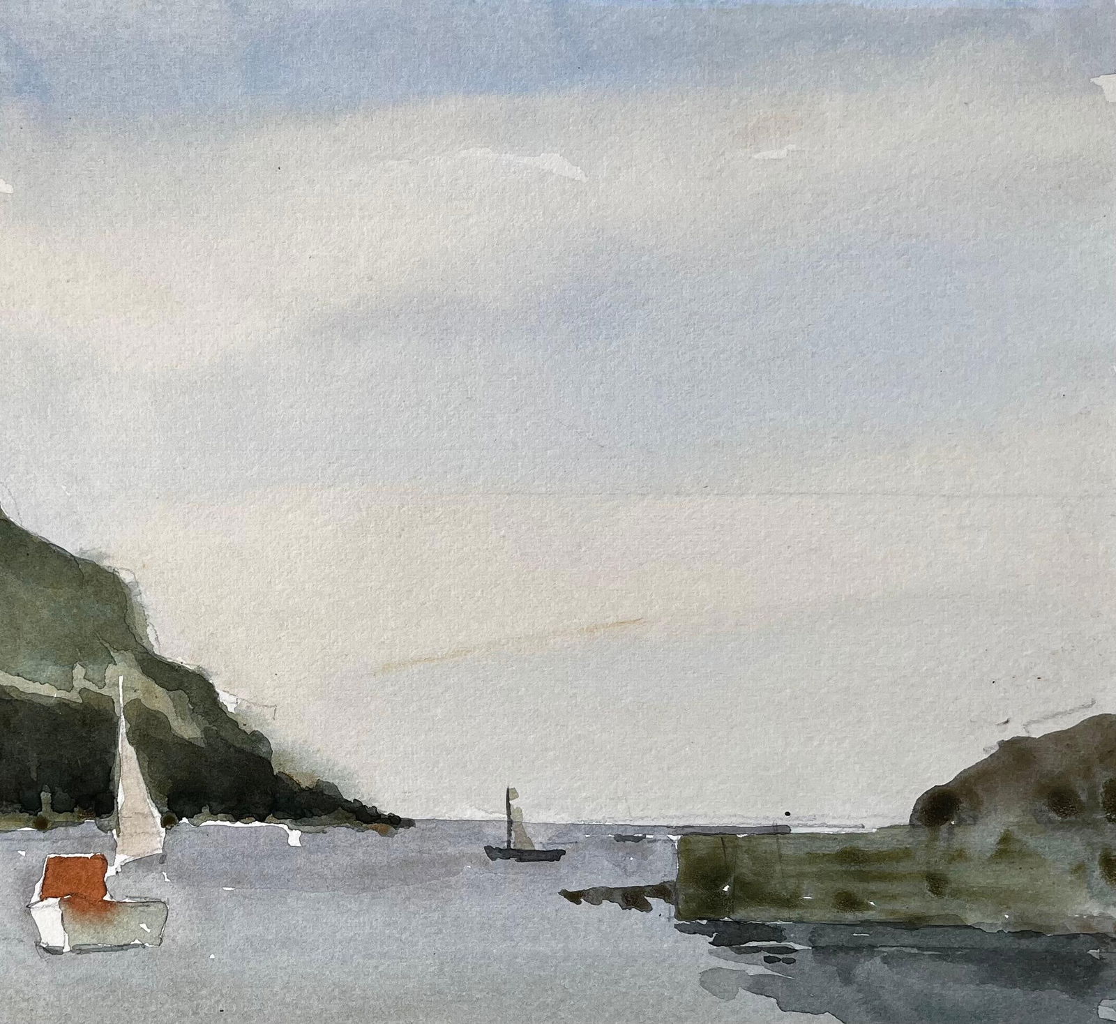 Anthony Herbert; Hope Cove Devon Harbour View with Sailboats and Beach Watercolour Painting 1984, - 9