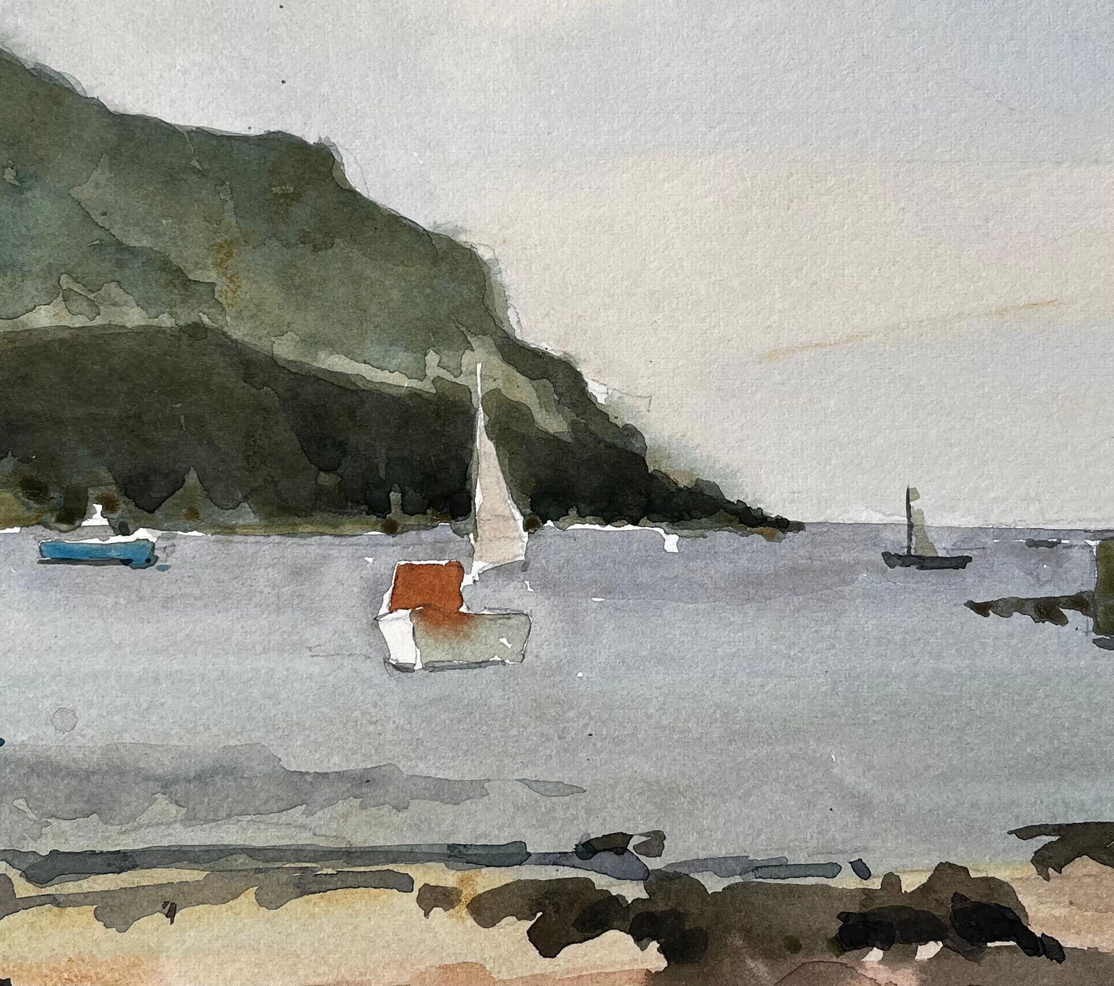 Anthony Herbert; Hope Cove Devon Harbour View with Sailboats and Beach Watercolour Painting 1984, - 10