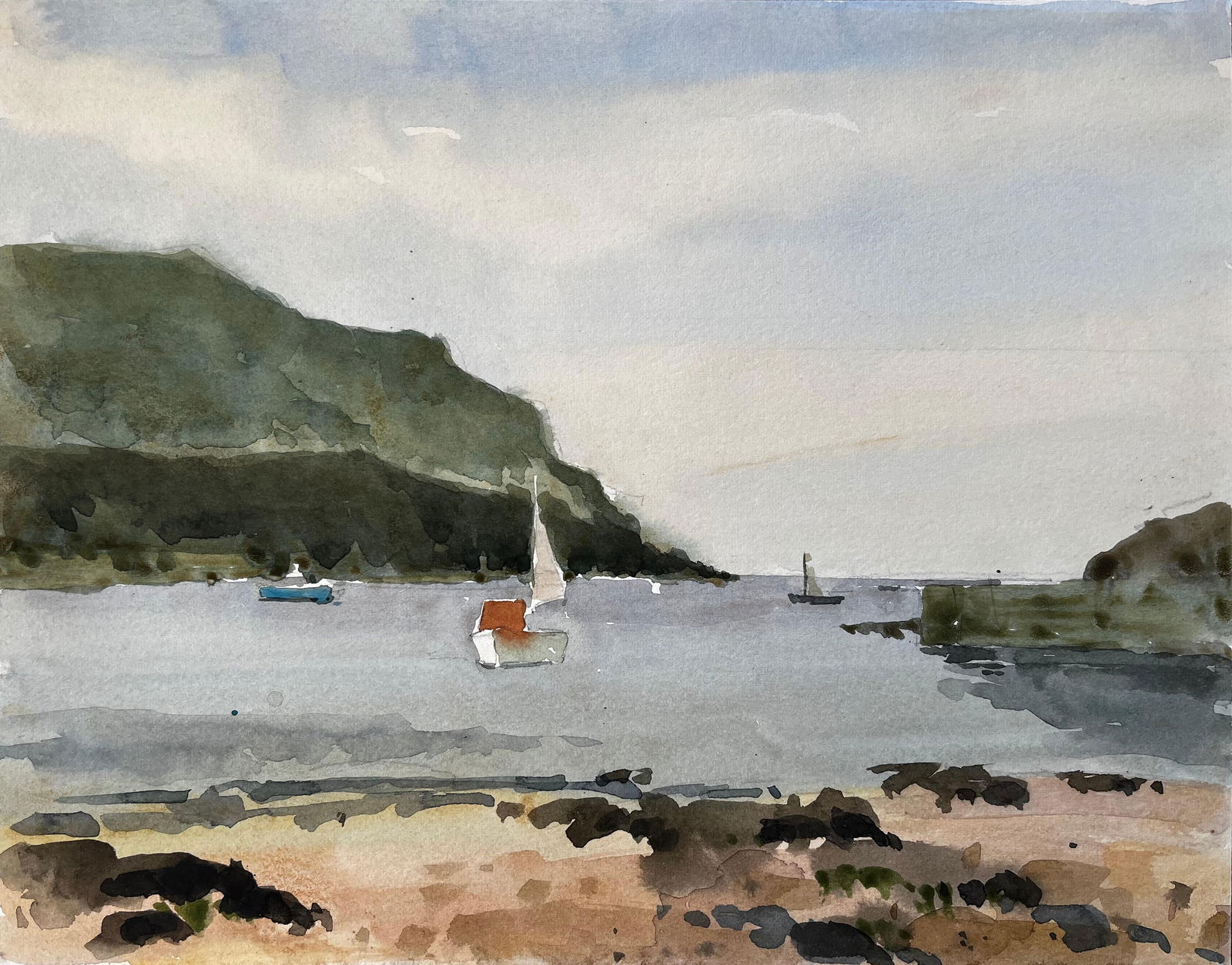 Anthony Herbert; Hope Cove Devon Harbour View with Sailboats and Beach Watercolour Painting 1984,: Title: Anthony Herbert; Hope Cove Devon Harbour View with Sailboats and Beach Watercolour Painting 1984, 1984 Description: Title: Walberswick Suffolk Coastal River Scene with Bridge and Village Waterc