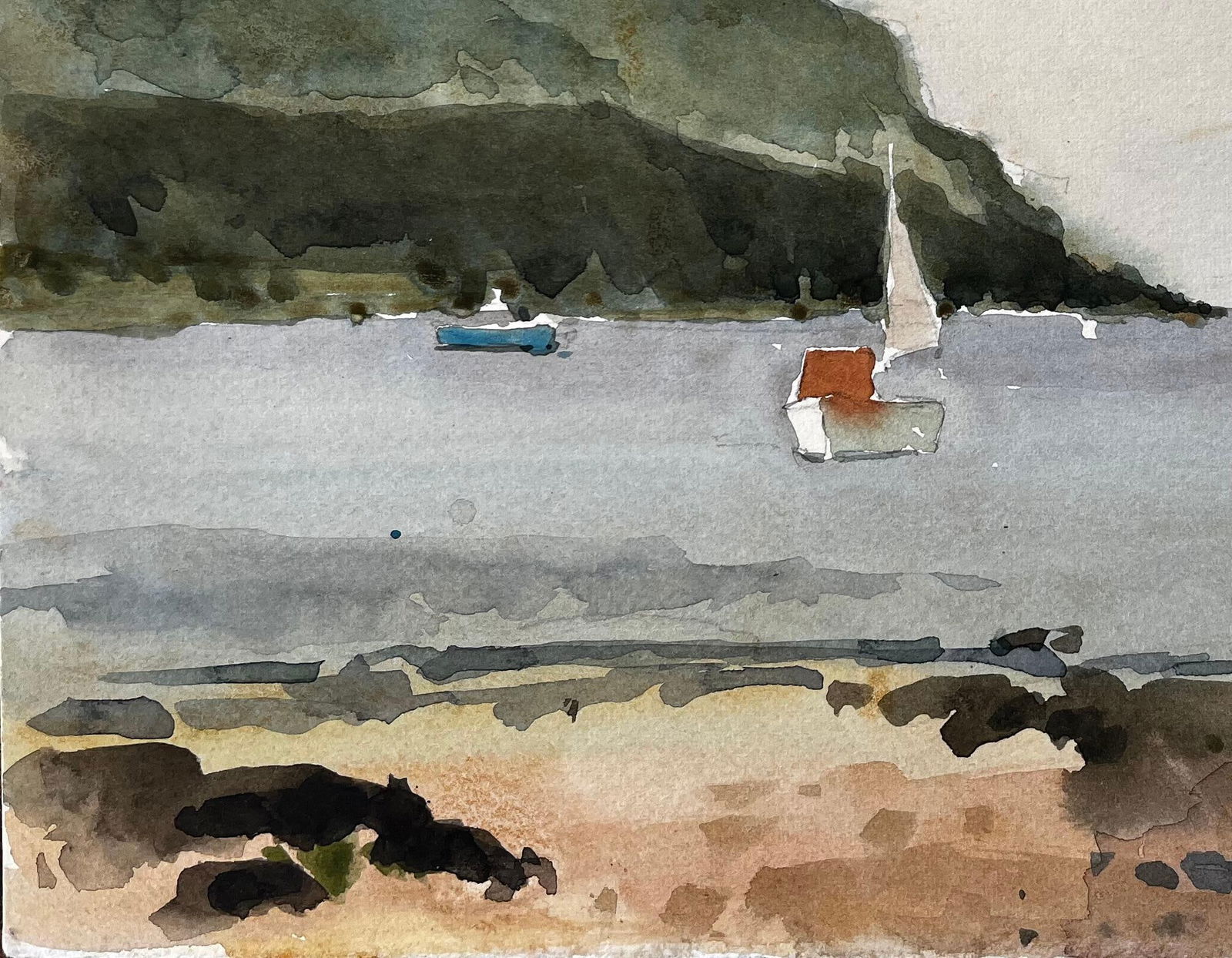 Anthony Herbert; Hope Cove Devon Harbour View with Sailboats and Beach Watercolour Painting 1984, - 6