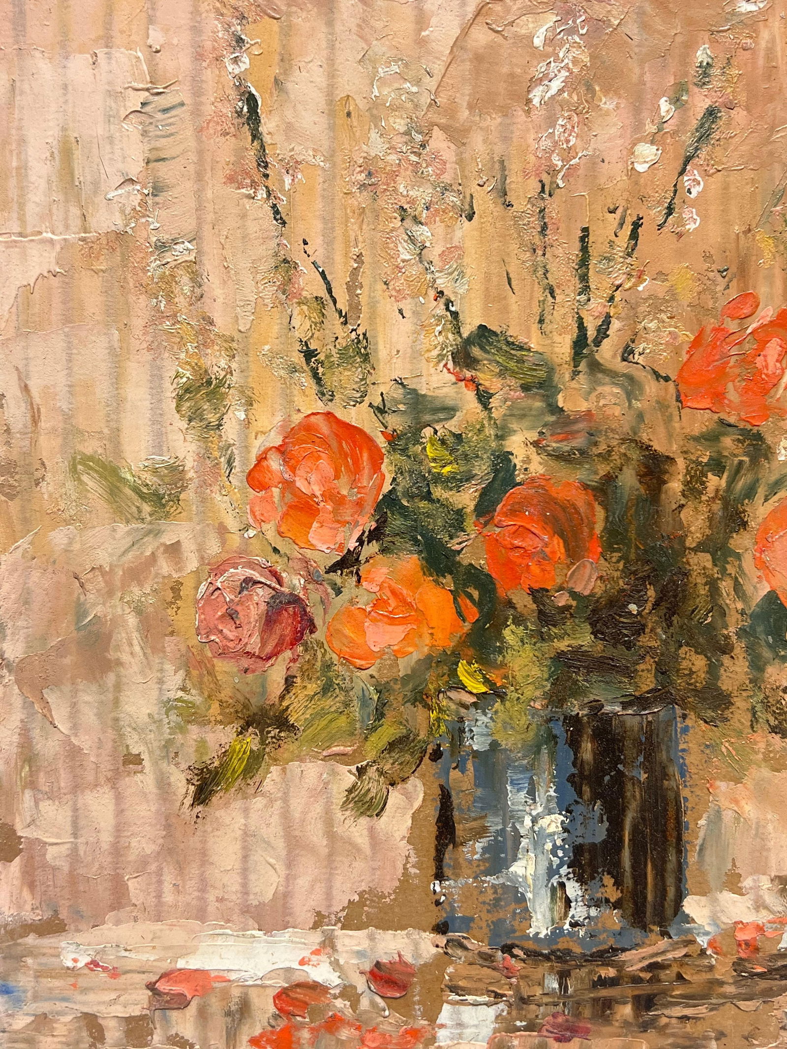 Fanch Lel; French Impressionist Rustic Bouquet of Vibrant Orange Roses in a Deep Blue Vase, 2000 - 10