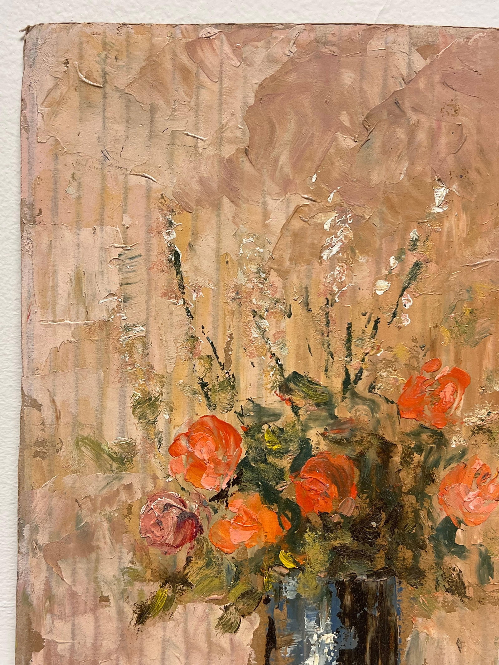 Fanch Lel; French Impressionist Rustic Bouquet of Vibrant Orange Roses in a Deep Blue Vase, 2000 - 11