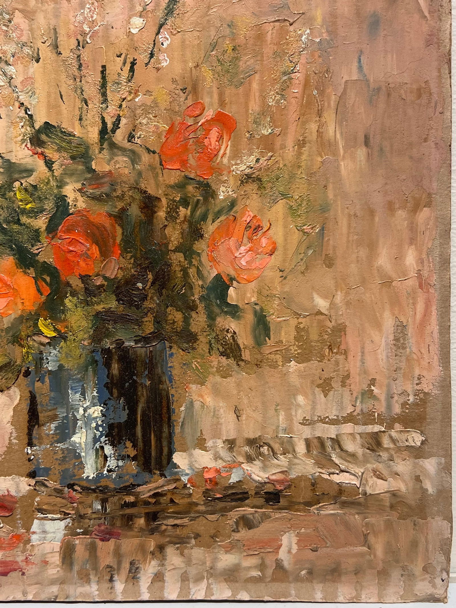 Fanch Lel; French Impressionist Rustic Bouquet of Vibrant Orange Roses in a Deep Blue Vase, 2000 - 12