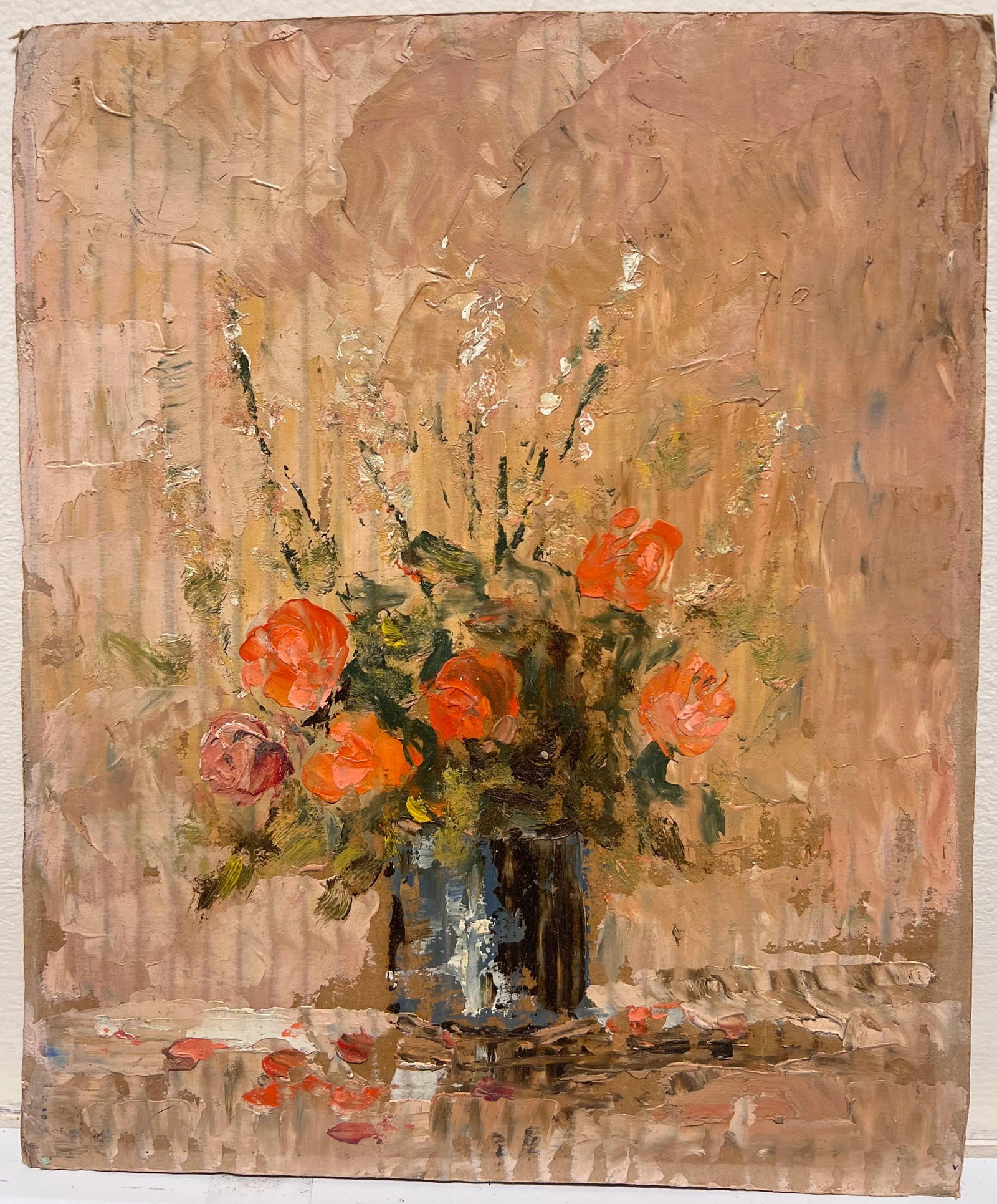 Fanch Lel; French Impressionist Rustic Bouquet of Vibrant Orange Roses in a Deep Blue Vase, 2000 - 15