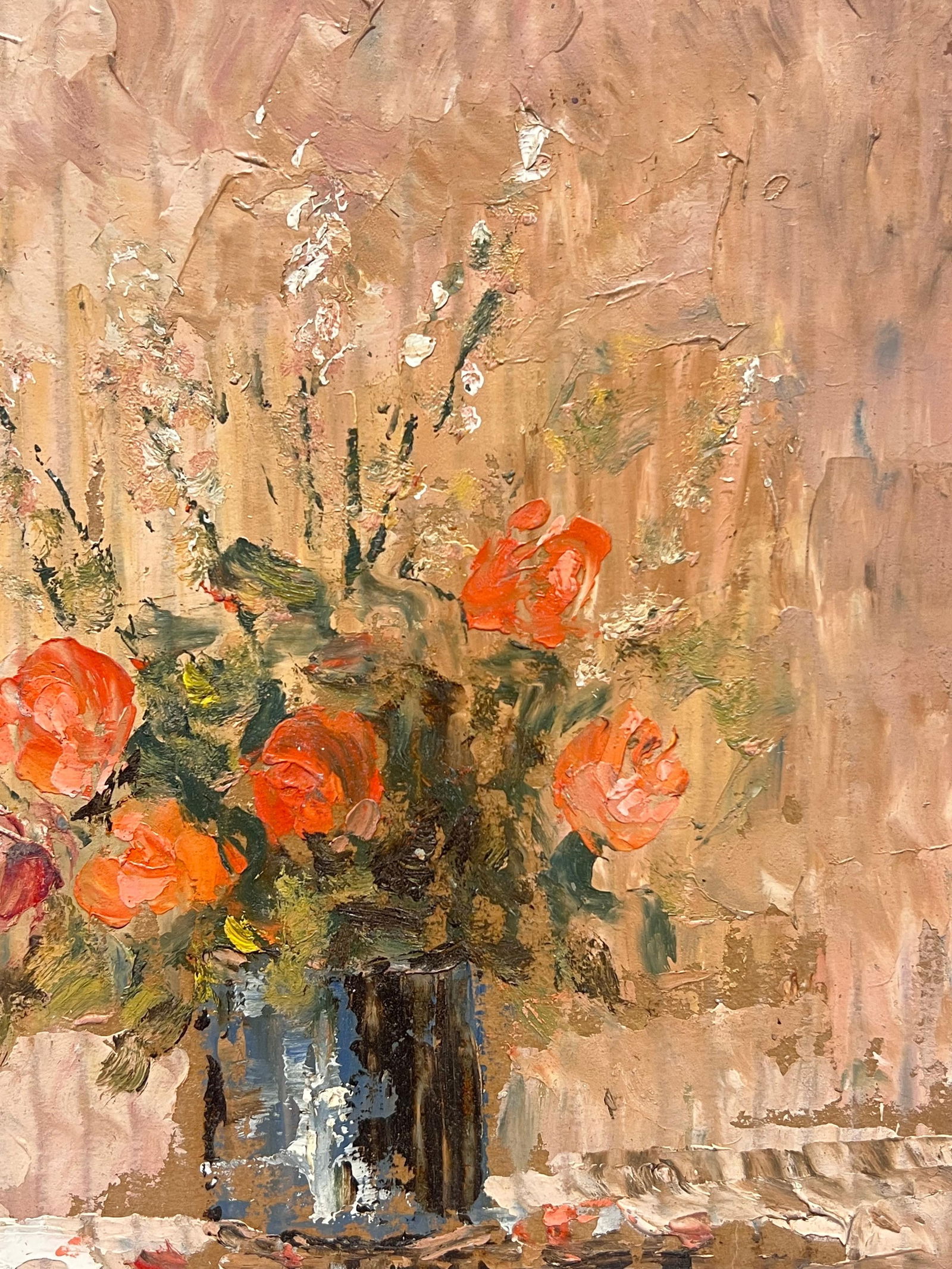 Fanch Lel; French Impressionist Rustic Bouquet of Vibrant Orange Roses in a Deep Blue Vase, 2000 - 9