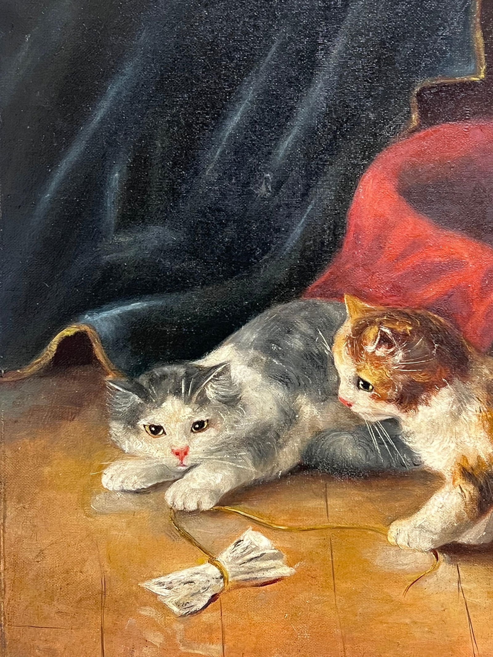 French School; Antique French Oil Painting Kittens Playing beside Basket Signed Original - 2