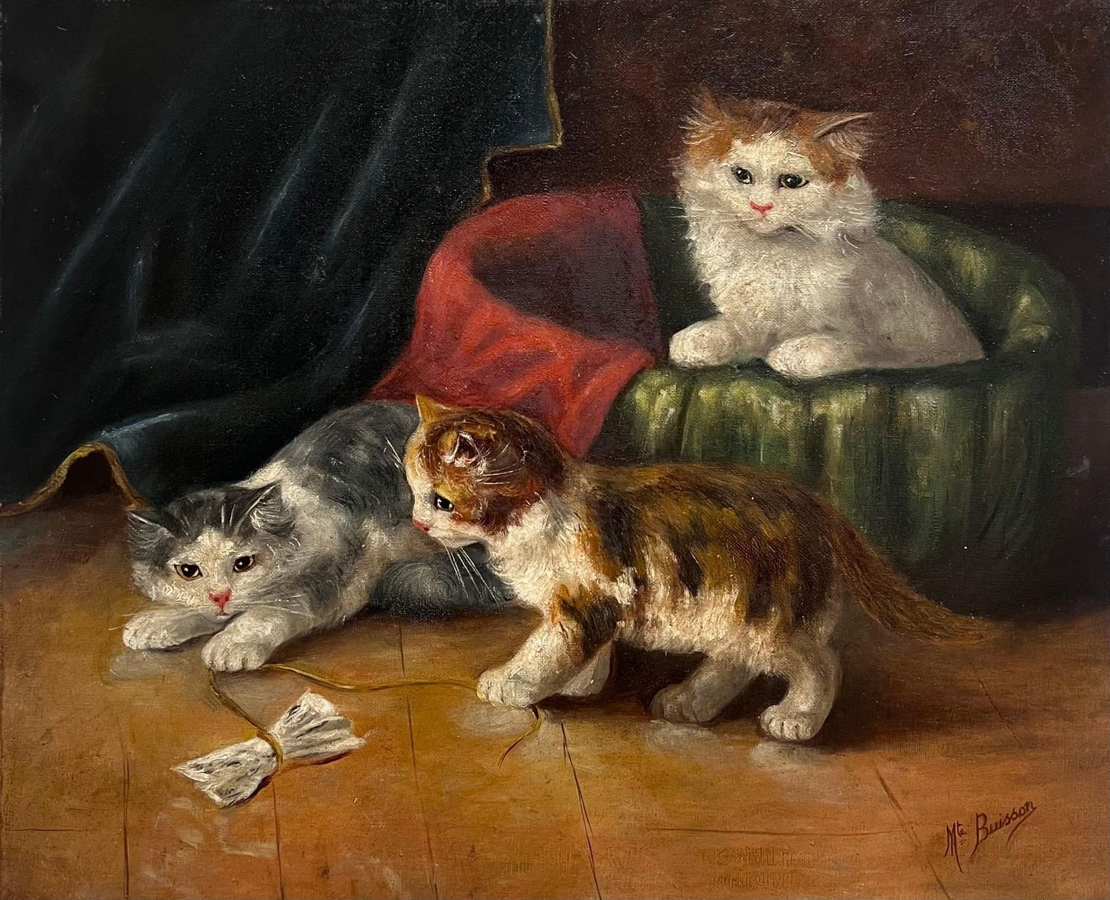 French School; Antique French Oil Painting Kittens Playing beside Basket Signed Original - 4
