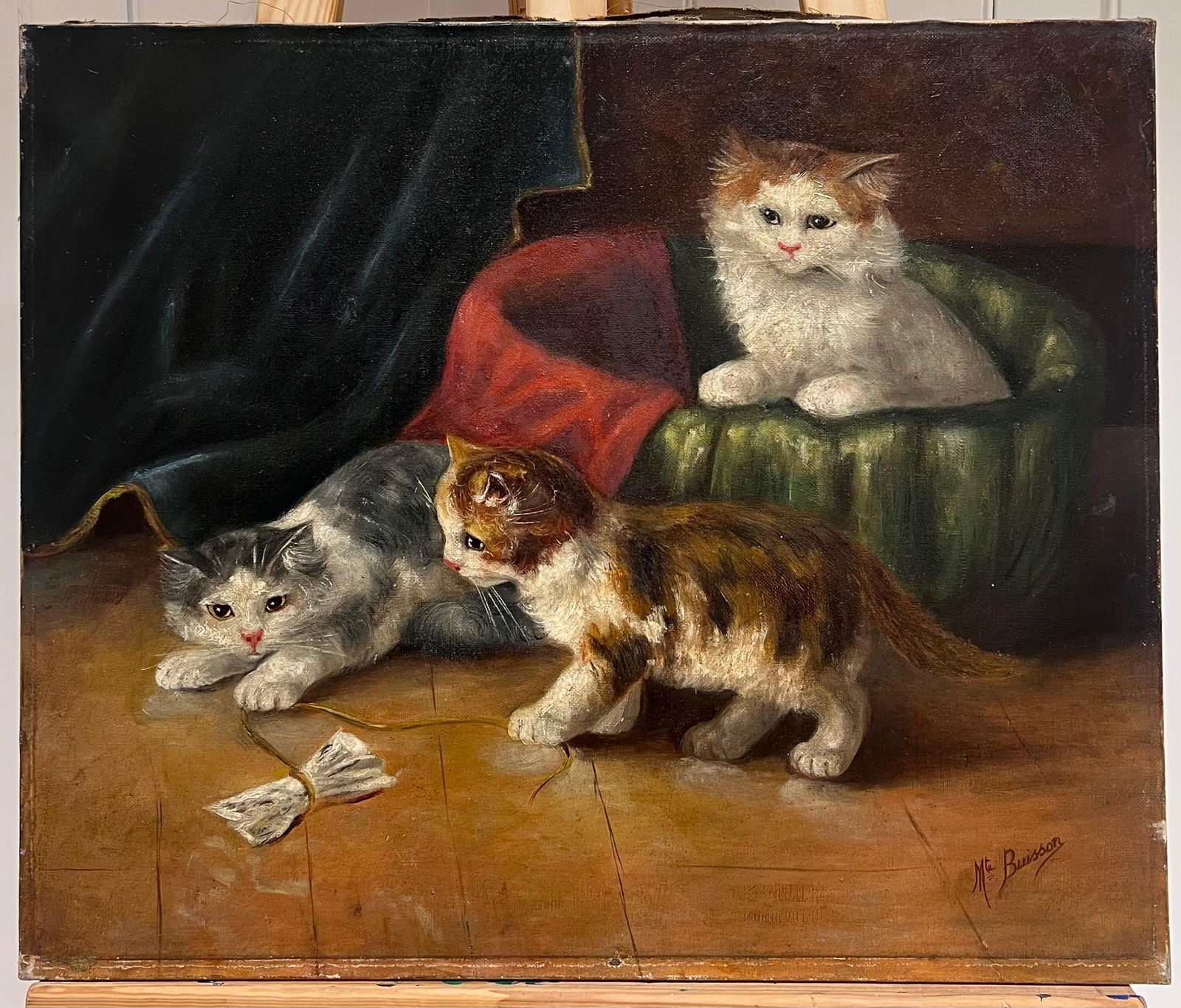 French School; Antique French Oil Painting Kittens Playing beside Basket Signed Original - 5