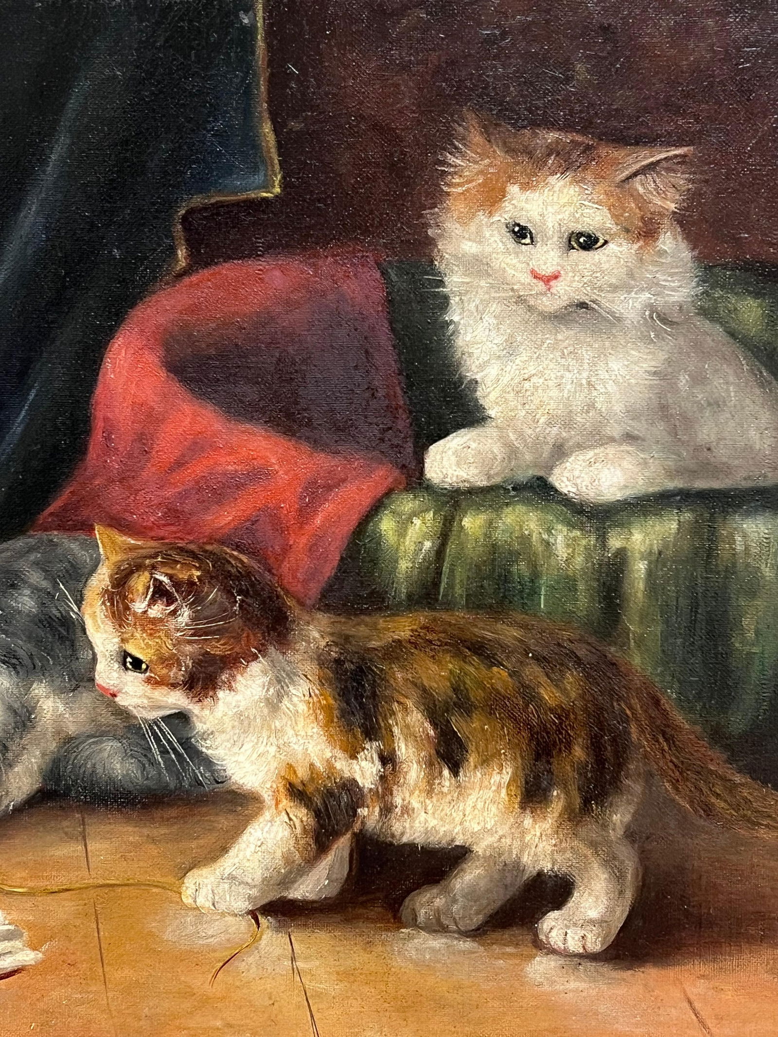 French School; Antique French Oil Painting Kittens Playing beside Basket Signed Original - 6