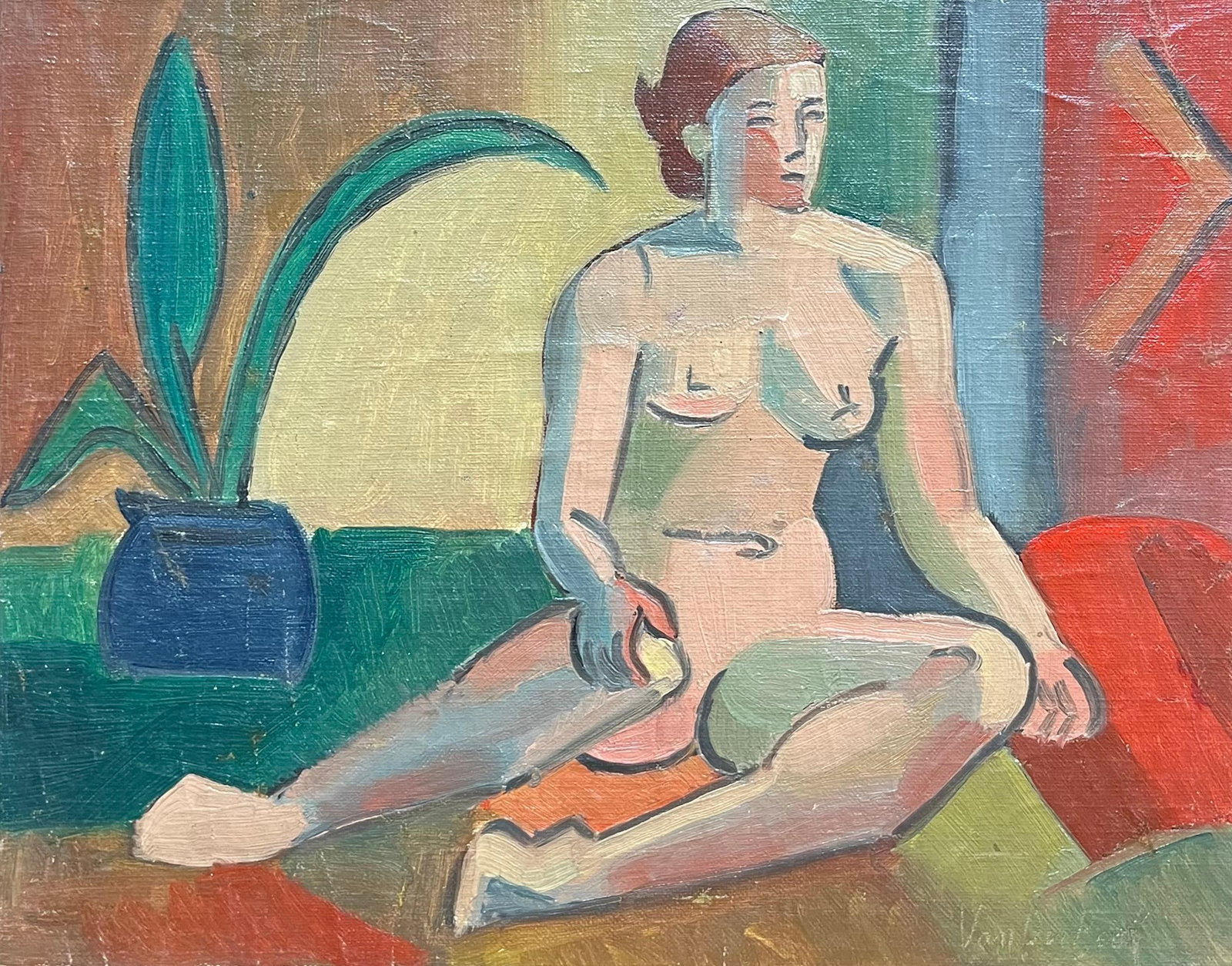 Henri Van Der Beck; 1930's French Cubist Figur Signed Oil Lady Vibrant Geometric Composition, 1930's: Title: Henri Van Der Beck; 1930's French Cubist Figure Signed Oil Lady Vibrant Geometric Composition, 1930's Description: Sunflower Bouquet signed by Fanch Lel (French b. 1930) Size: 11.75 x 9.5